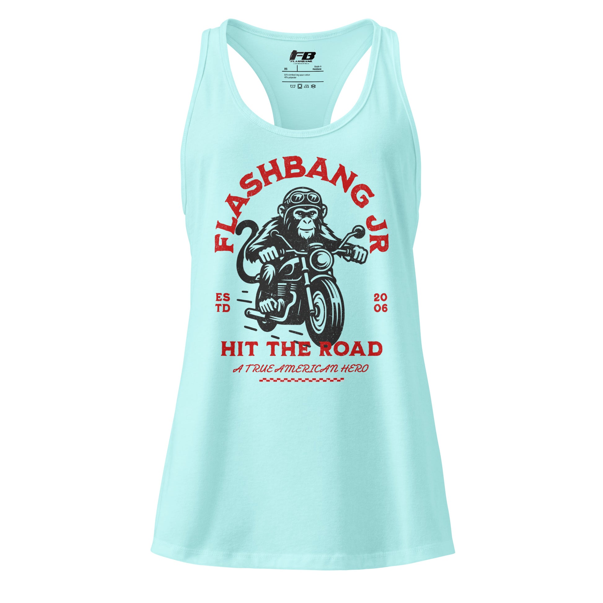 Light blue tank top with monkey on a motorcycle graphic and text on a white background