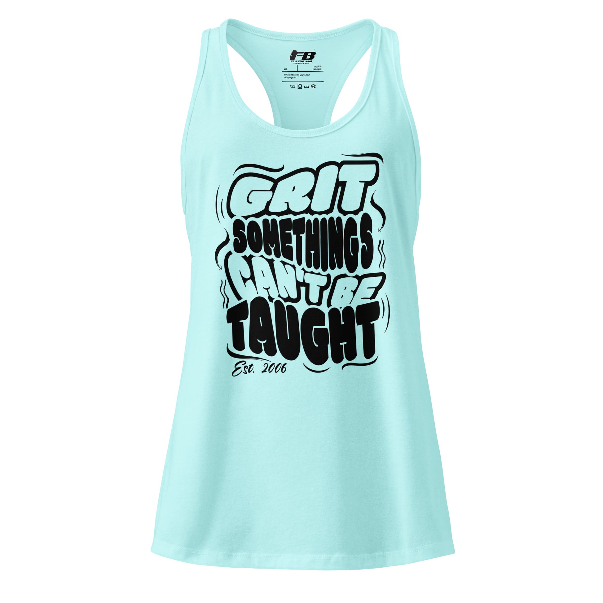 Light blue tank top with black text on a white background