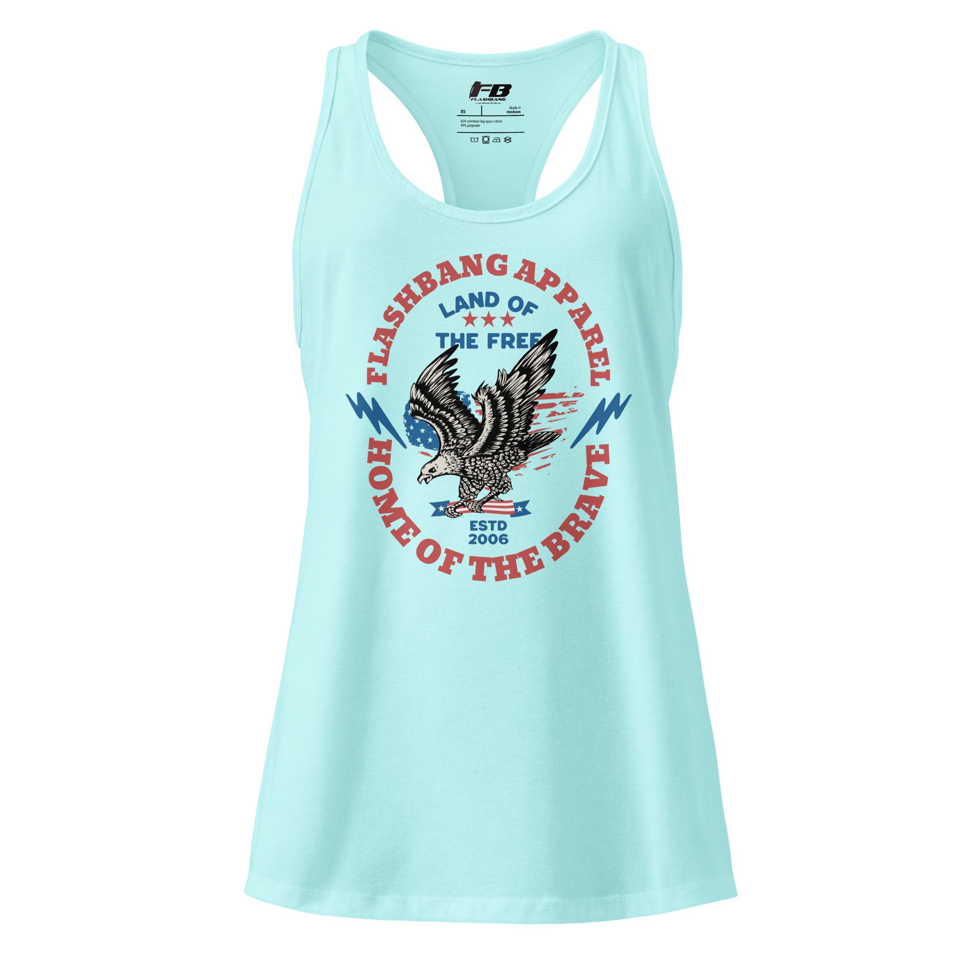 Light blue tank top with eagle graphic and text on a white background