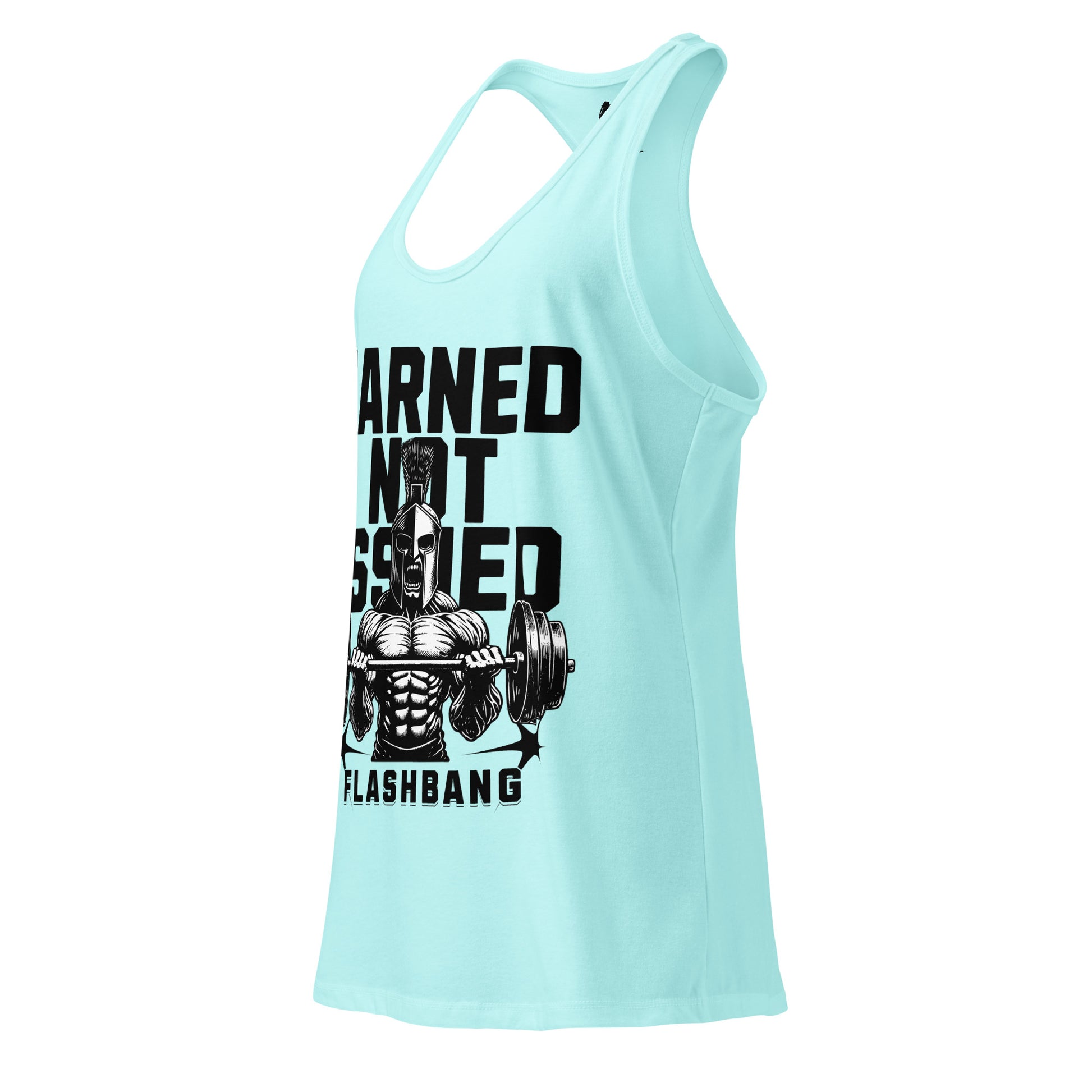 Light blue tank top with graphic design and text on a white background