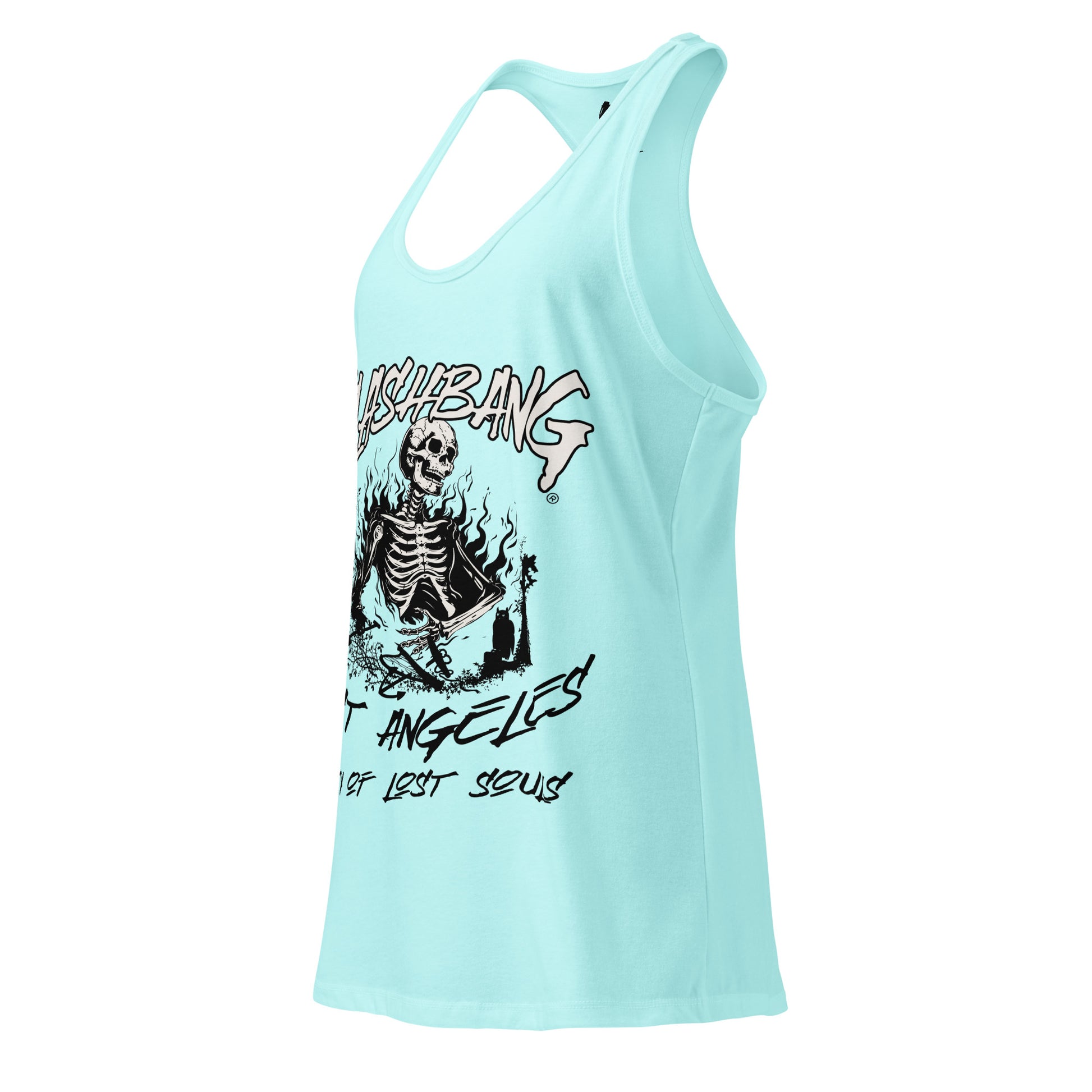Light blue tank top with graphic design and text on a white background