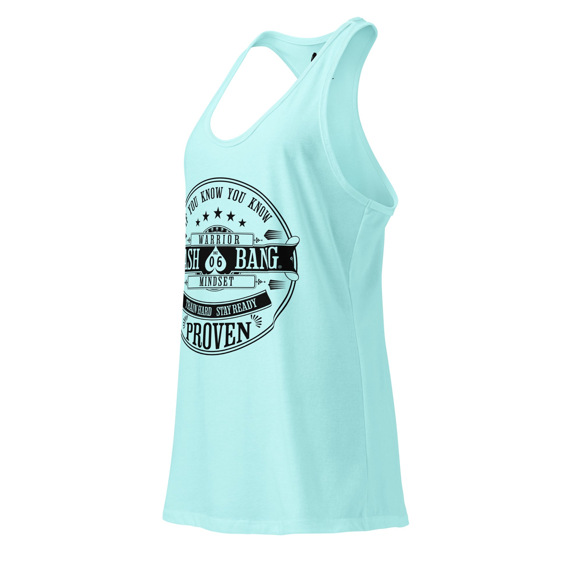 Light blue tank top with black graphic design on a white background