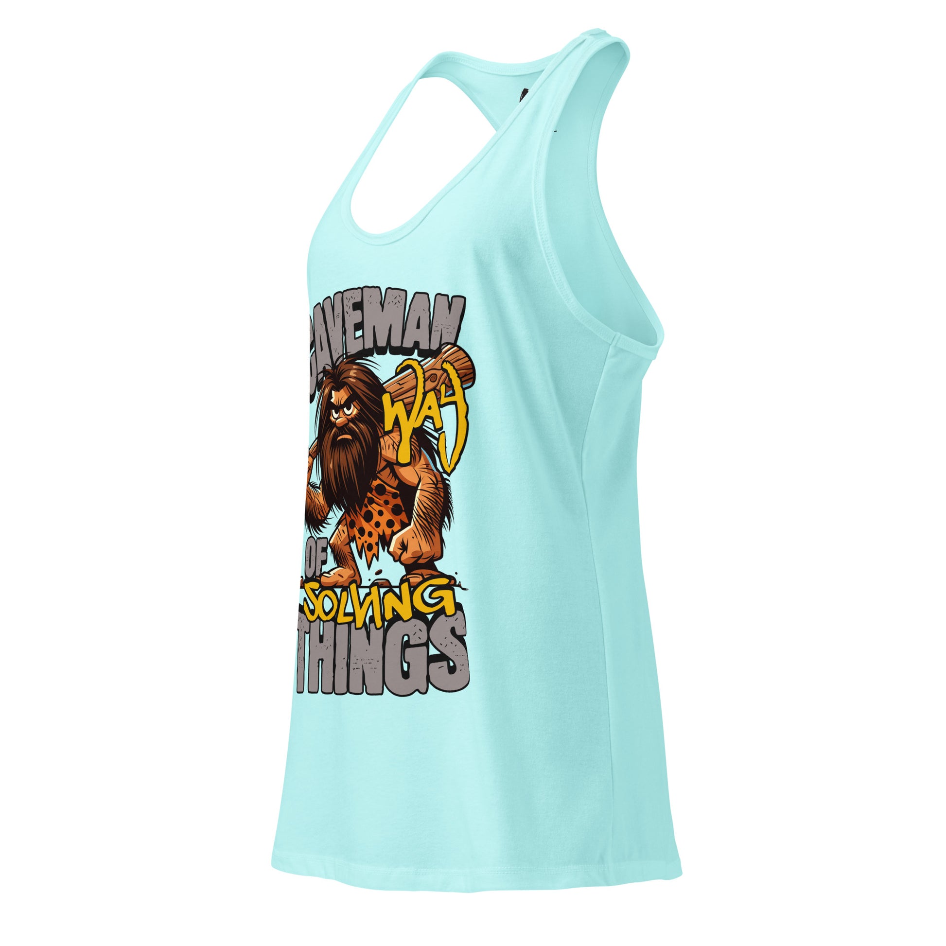 Light blue tank top with a graphic of a caveman and text on a white background