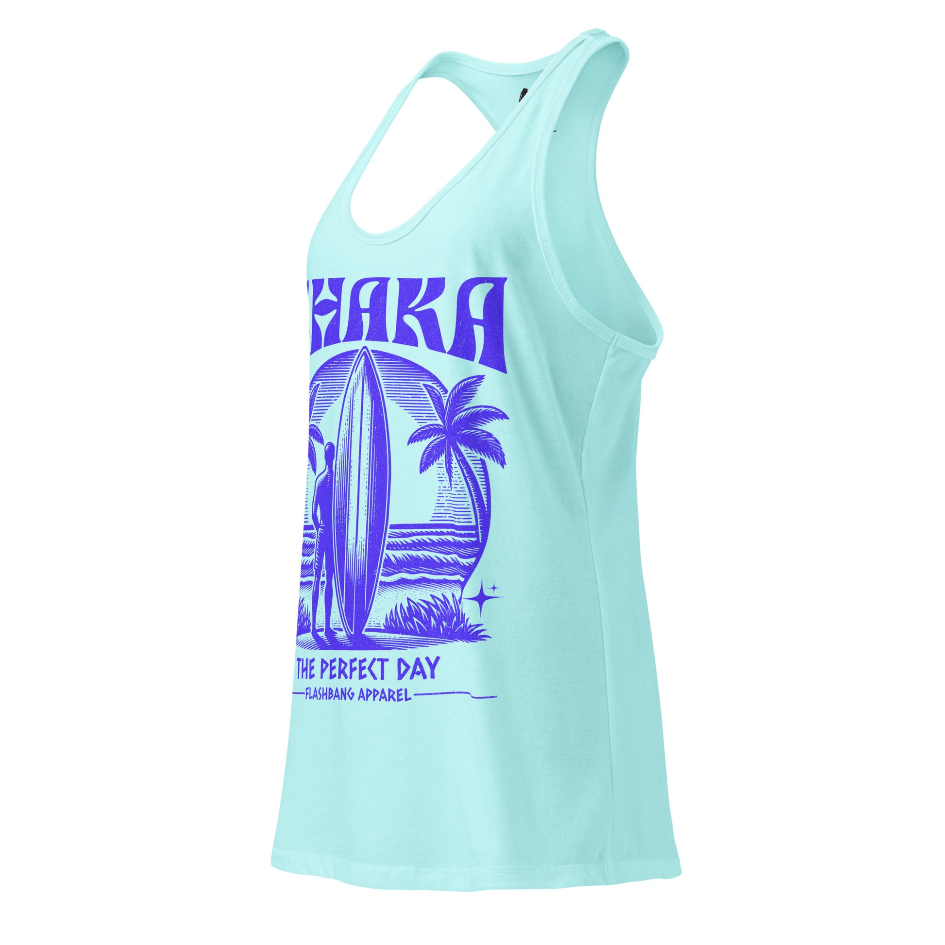 Light blue tank top with purple graphic design on a white background