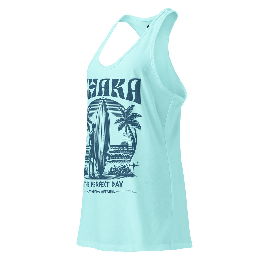 Light blue tank top with a palm tree and surfboard design on a white background