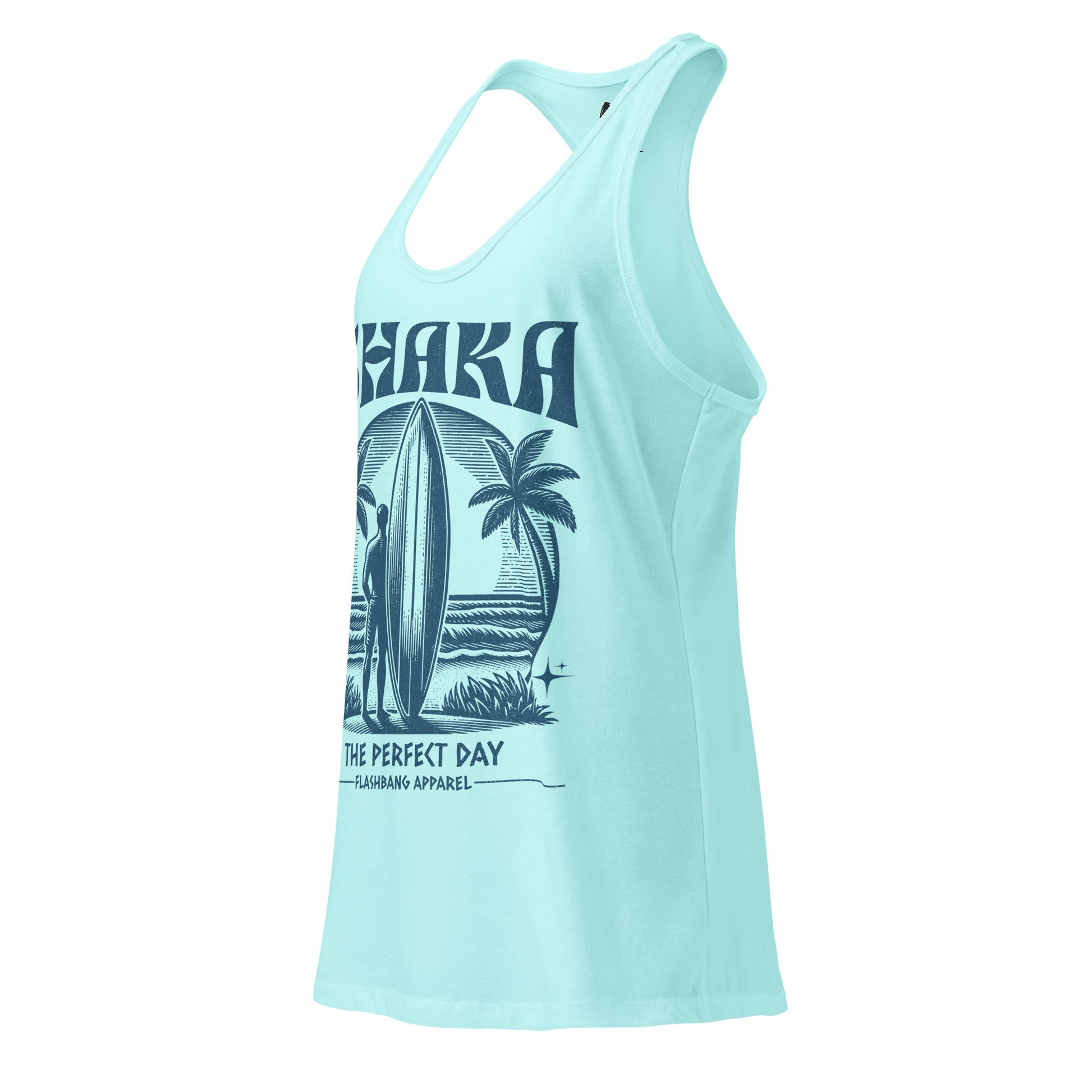 Light blue tank top with a palm tree and surfboard design on a white background