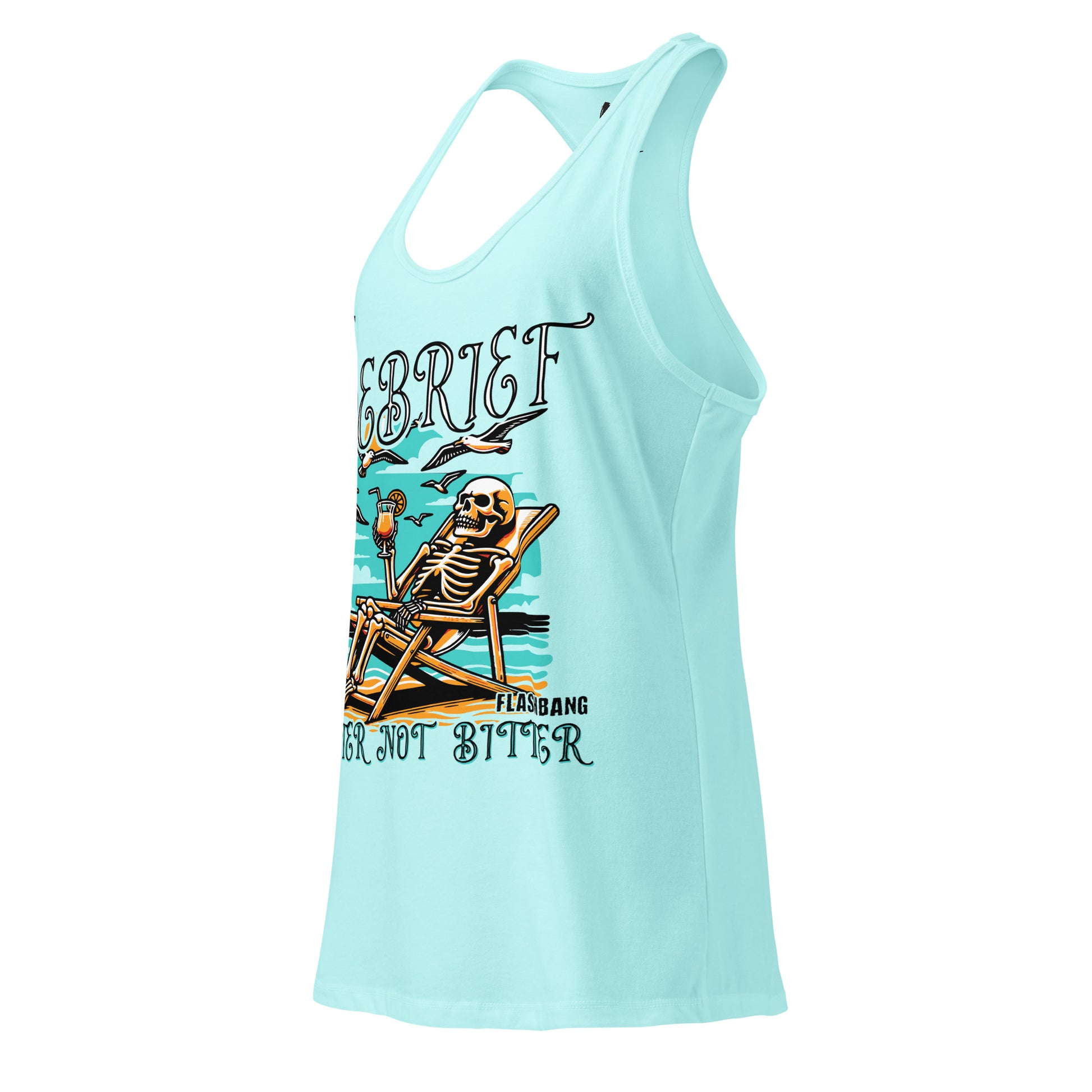 Light blue tank top with skeleton design and text on a white background