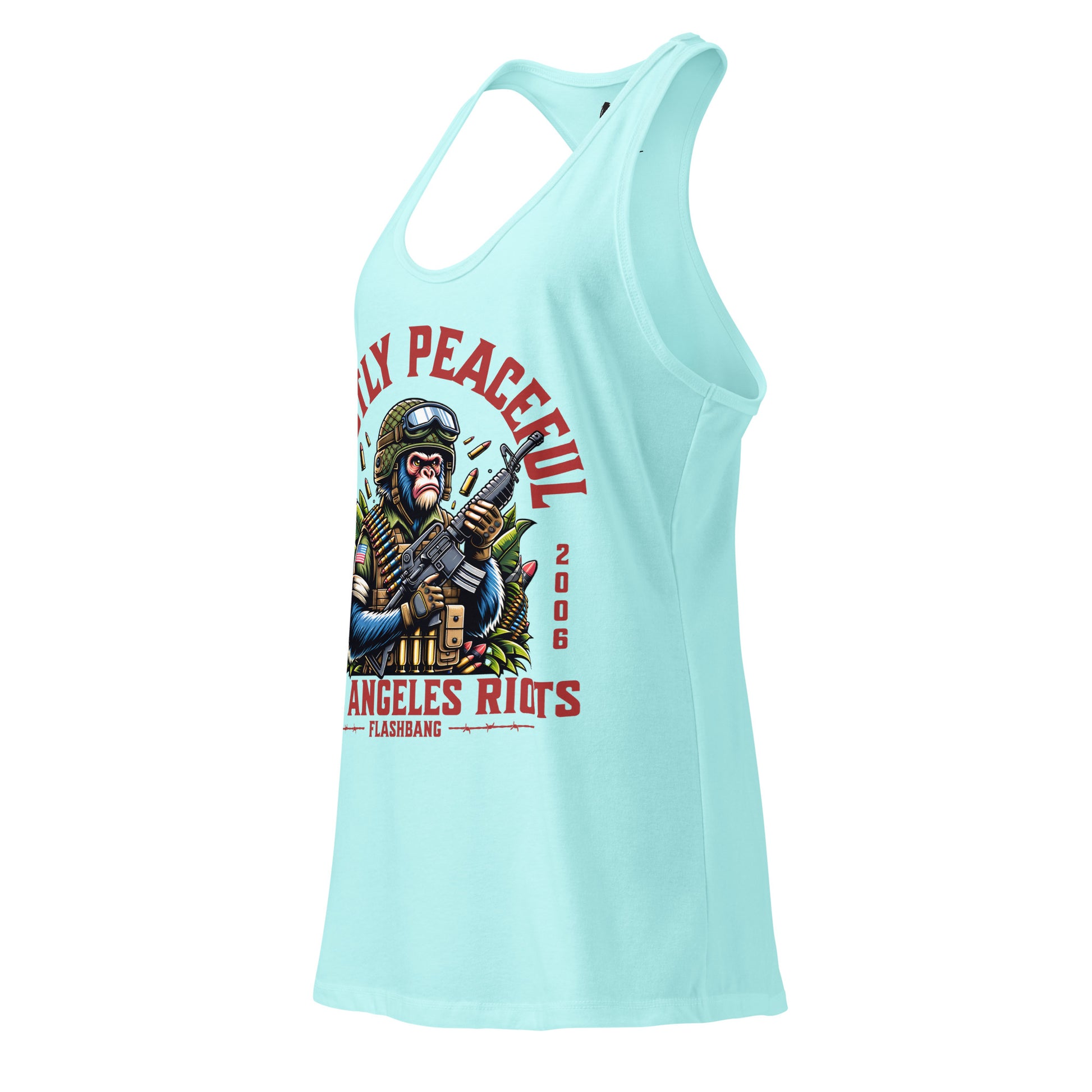 Light blue tank top with graphic design on a white background