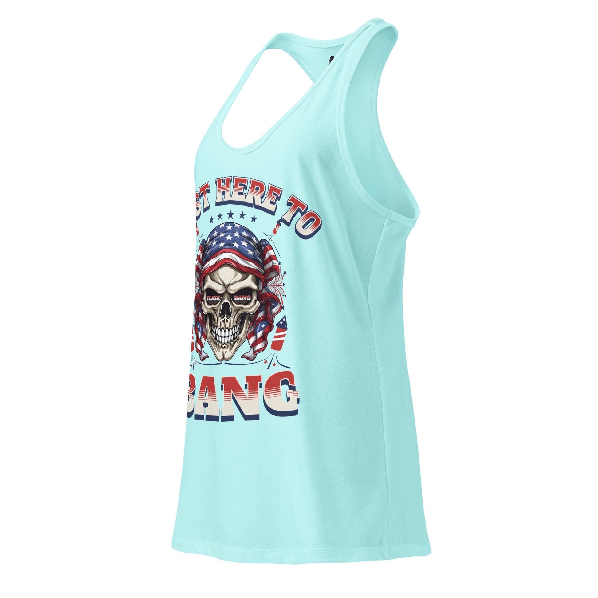 Light blue tank top with a graphic design of a skull and text on a white background
