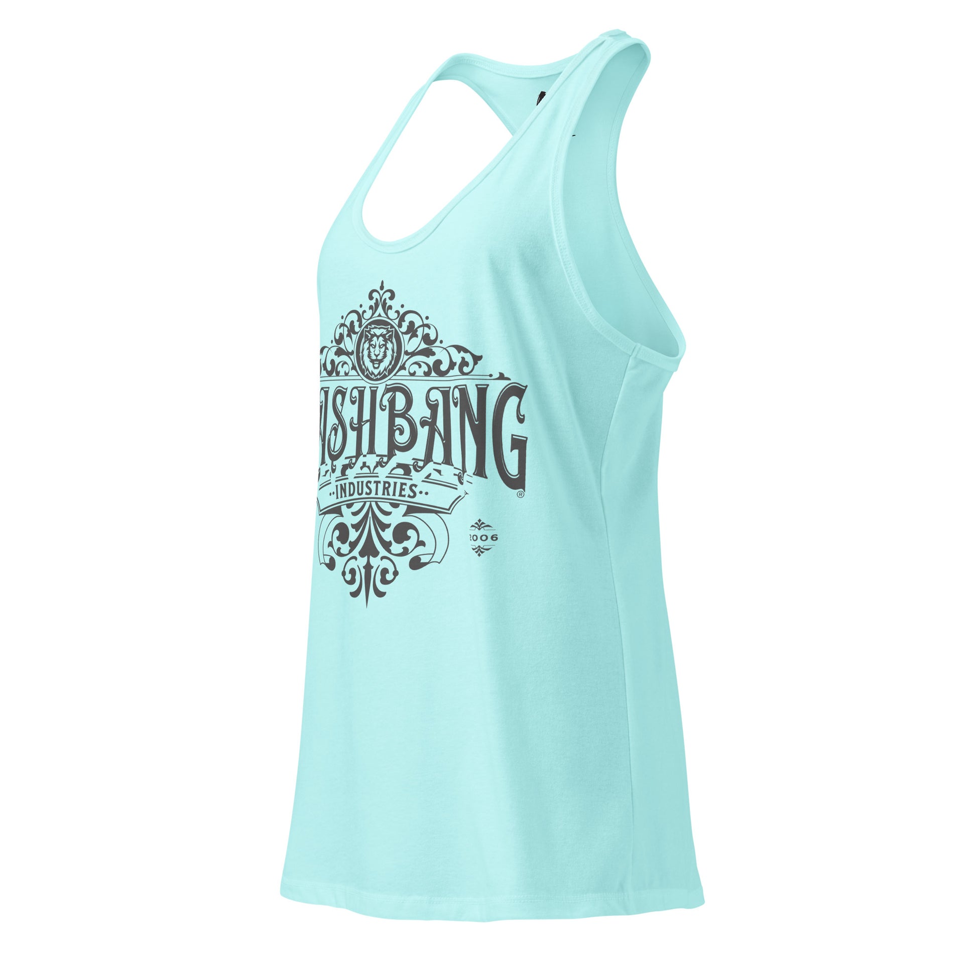 Light blue tank top with black graphic design on a white background