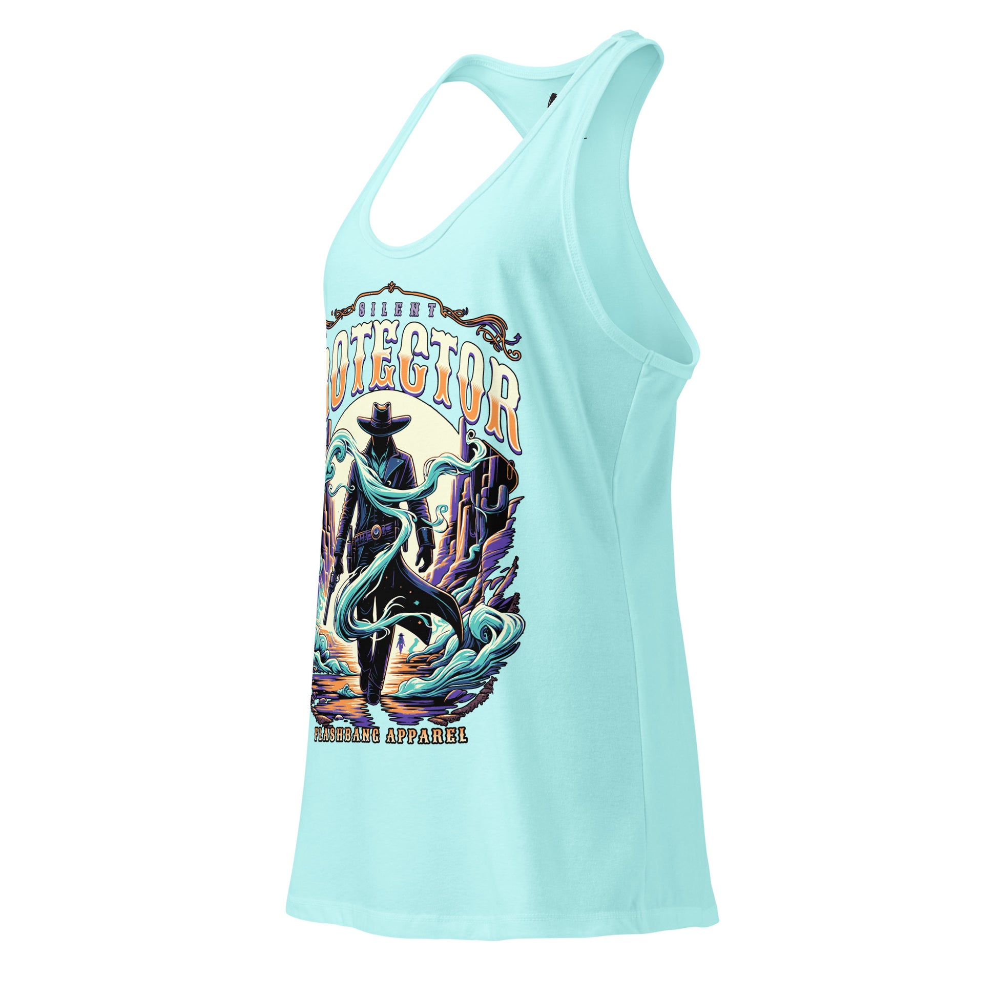 Light blue tank top with a colorful graphic design on a white background