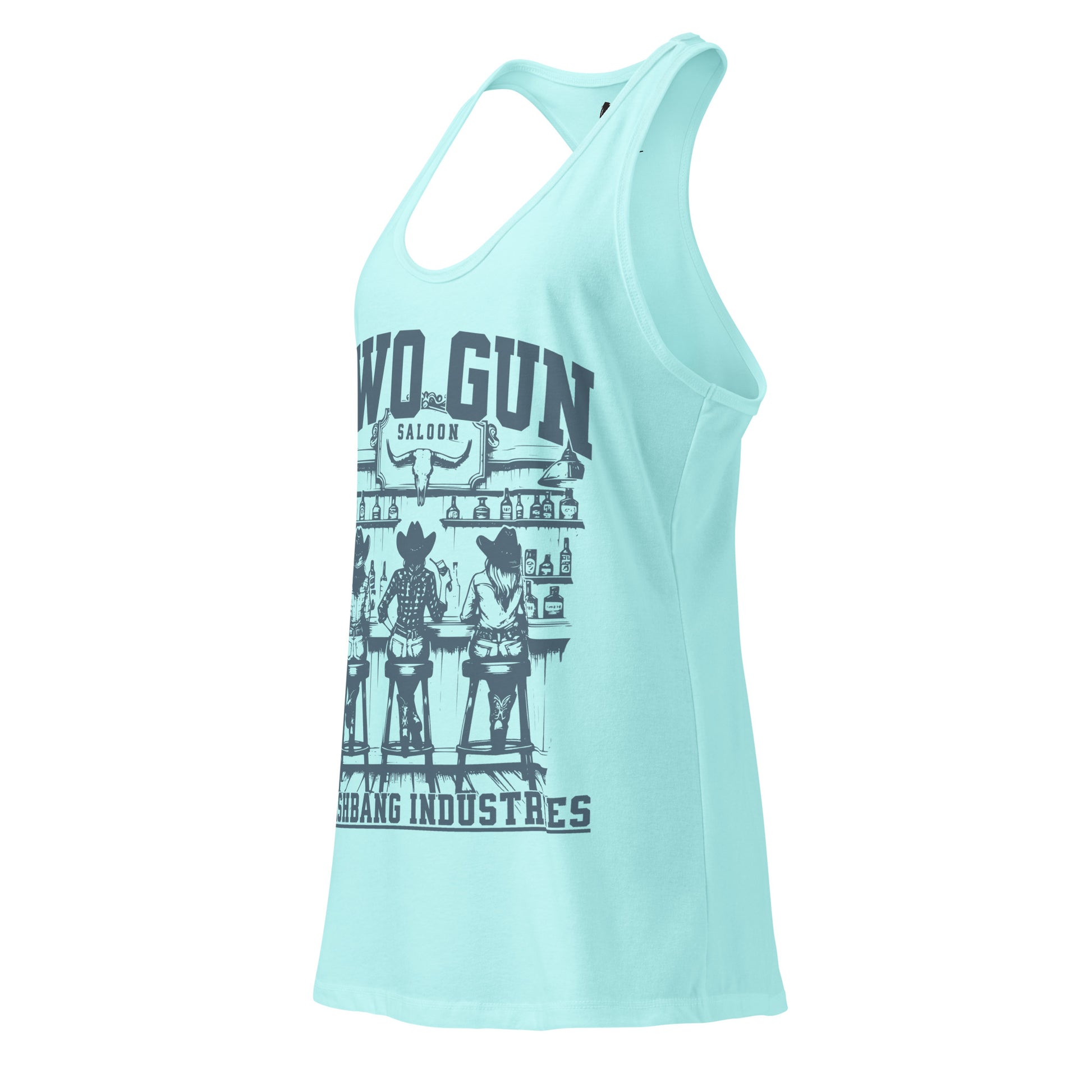 Light blue tank top with graphic design on a white background