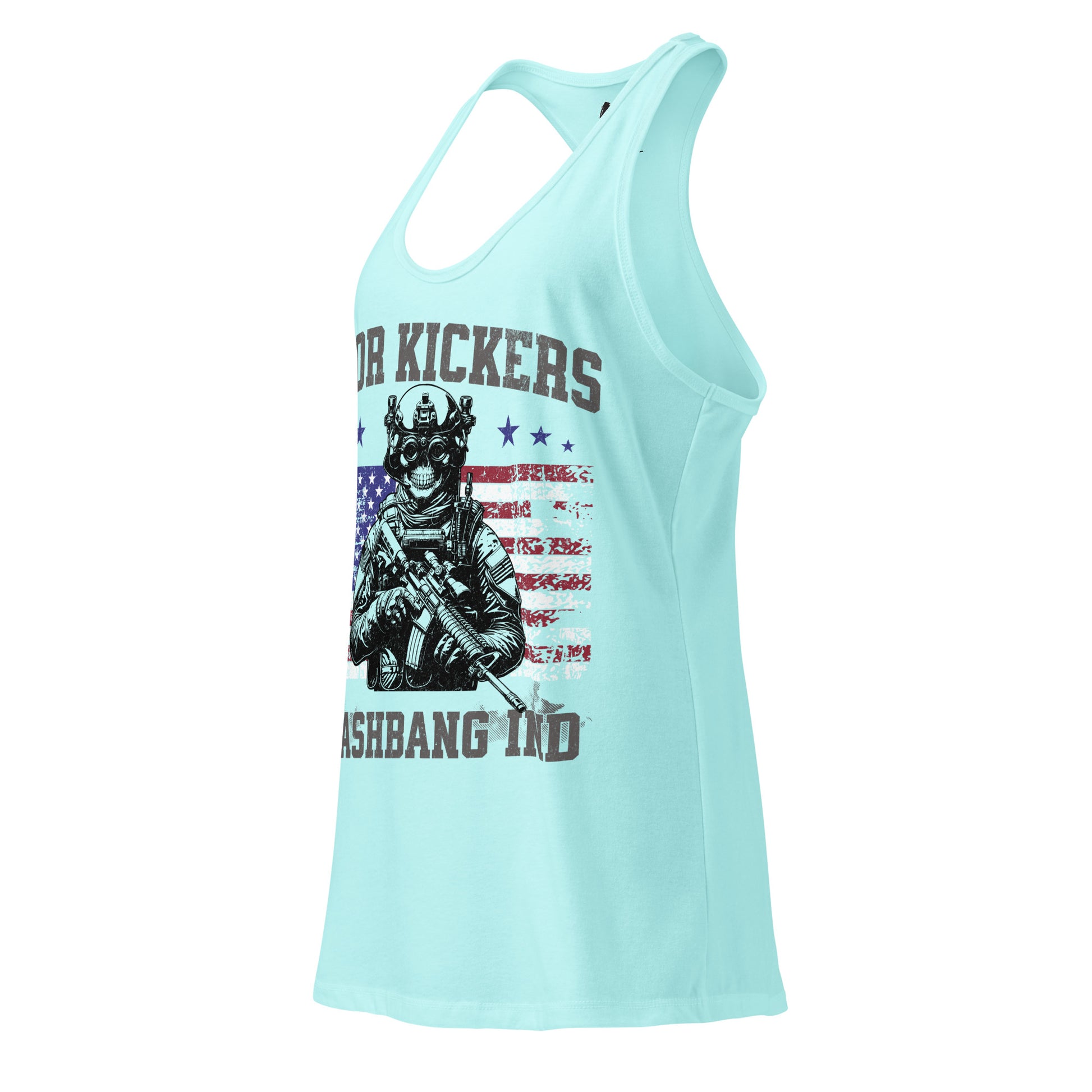 Light blue tank top with graphic design and text on a white background