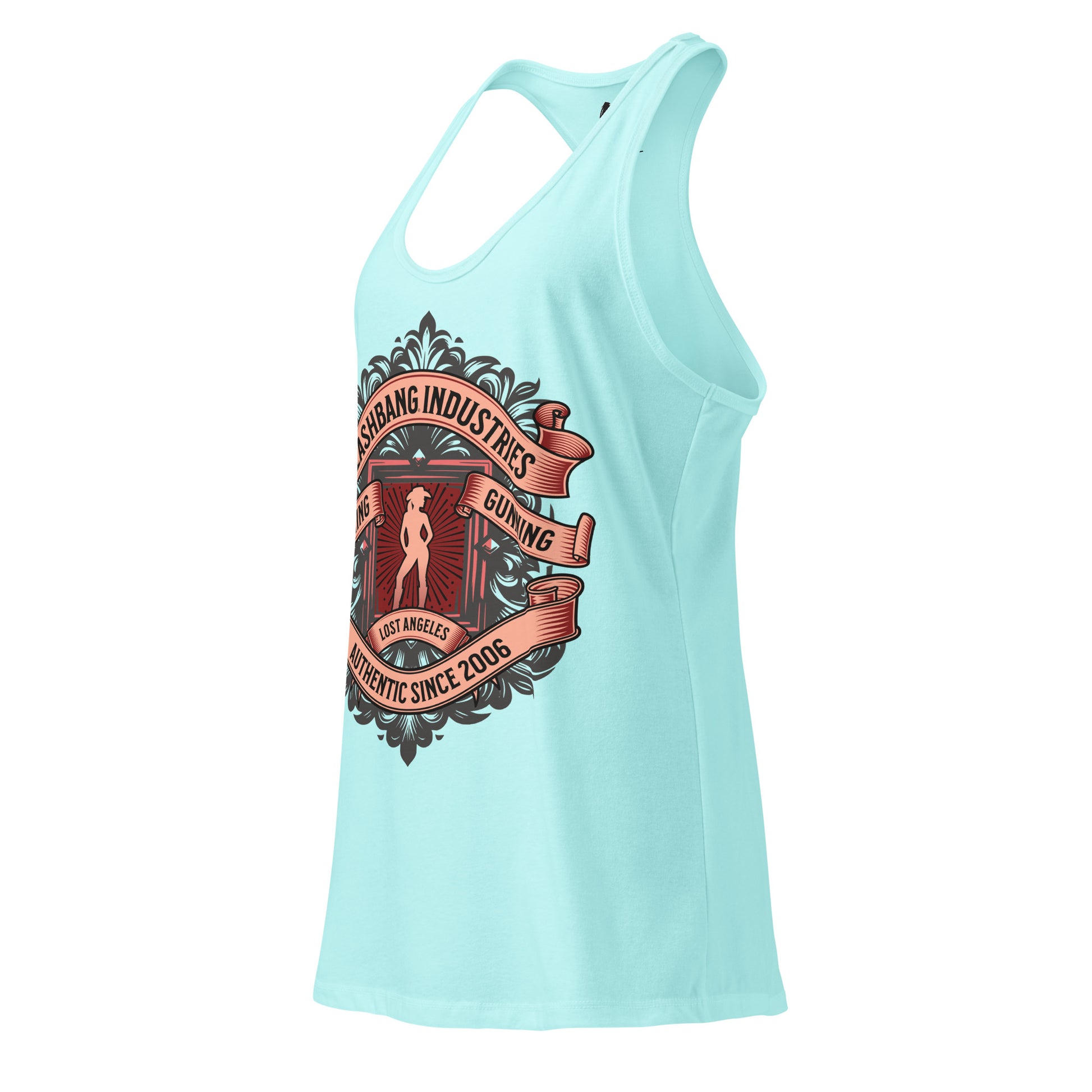 Light blue tank top with graphic design on a white background