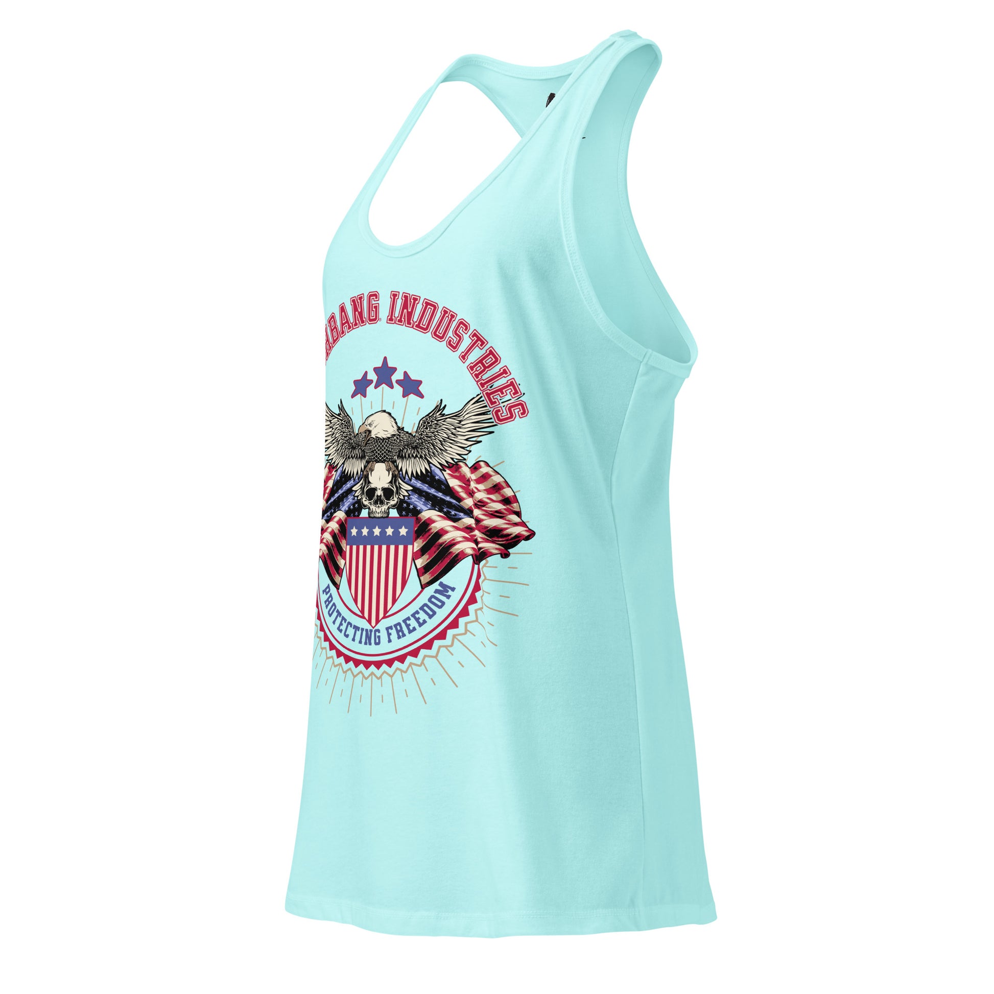 Light blue tank top with graphic design on a white background