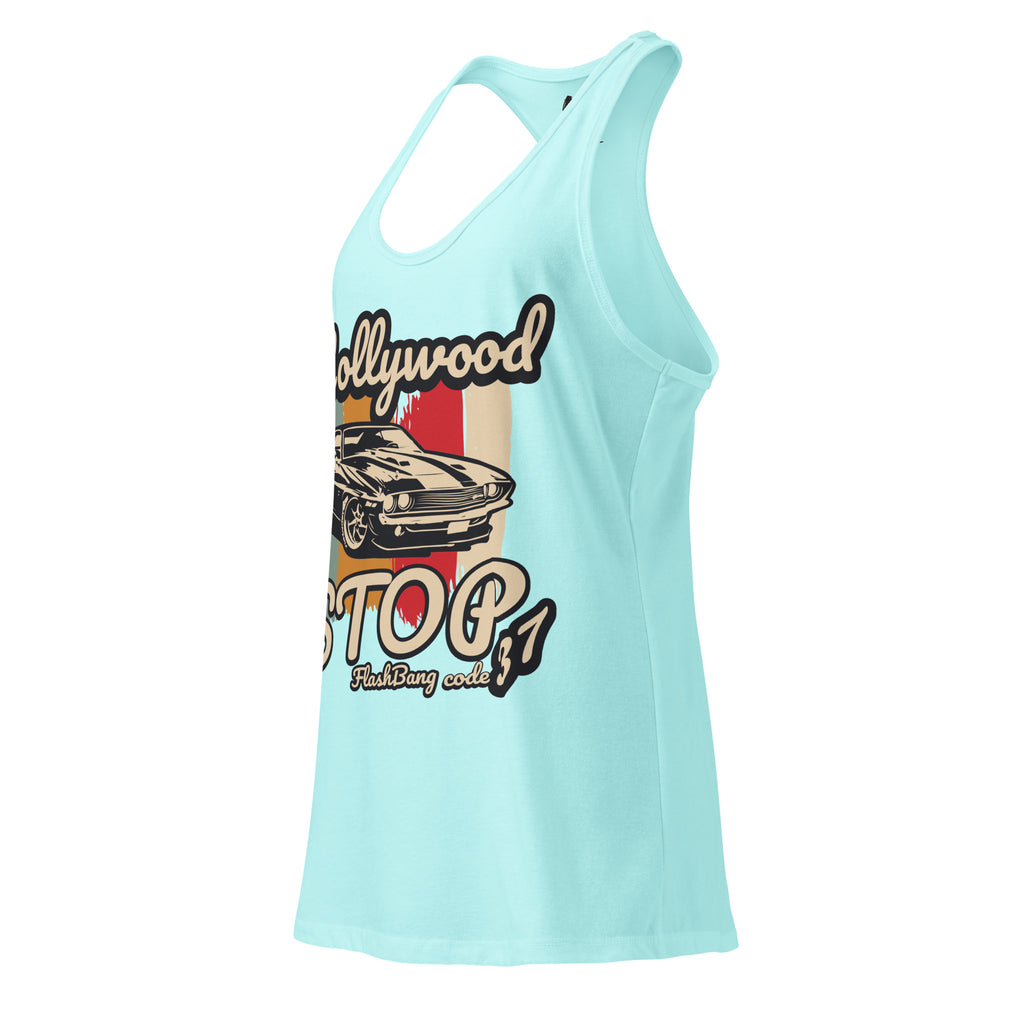 Light blue tank top with a graphic design on a white background