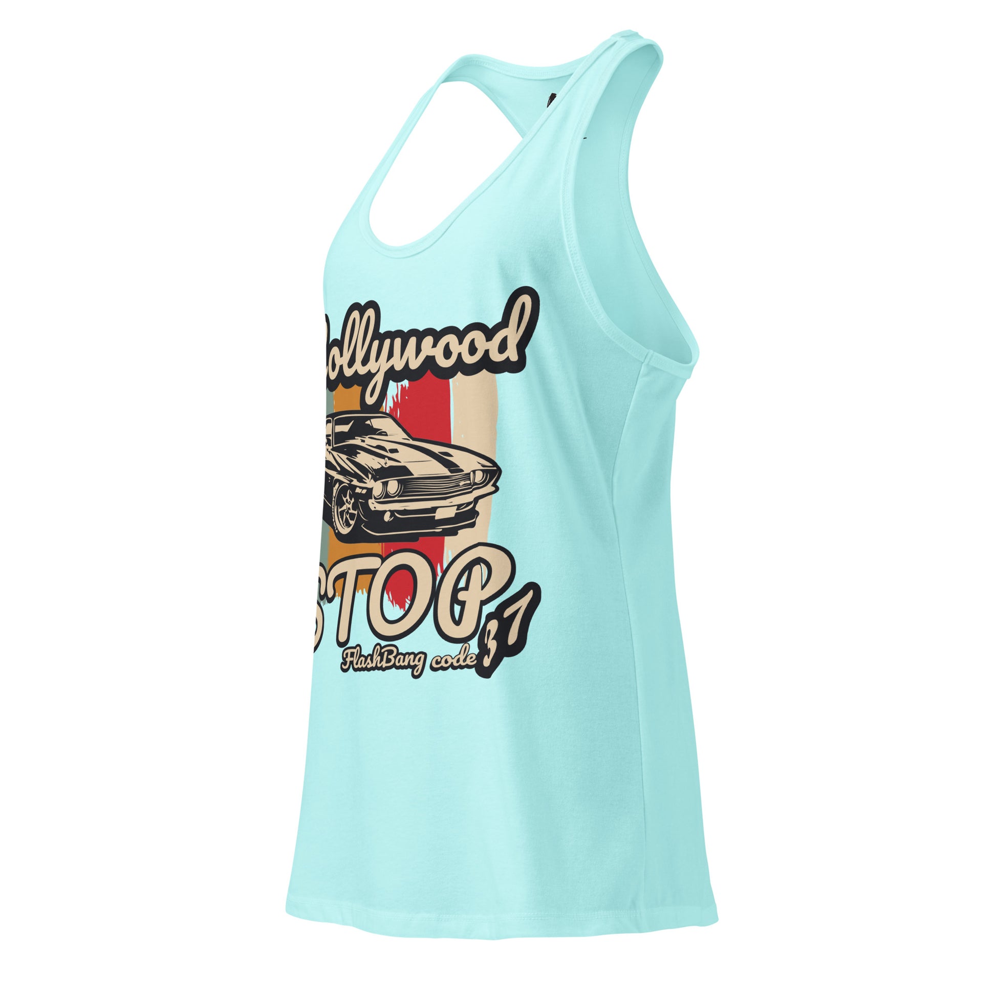 Light blue tank top with a graphic design on a white background