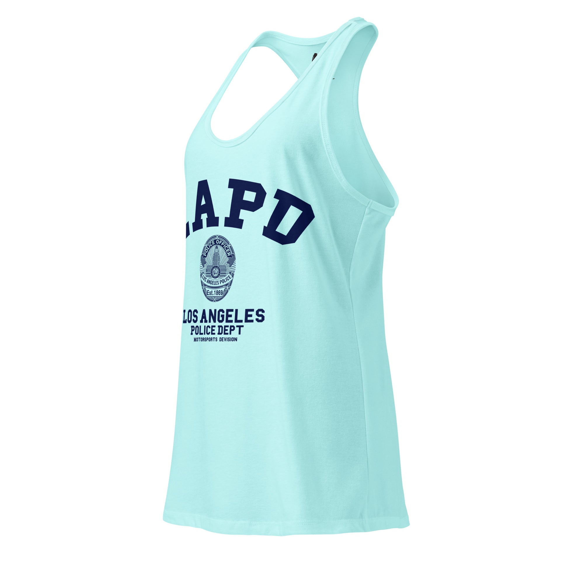 Light blue tank top with LAPD Los Angeles Police Dept text on a white background