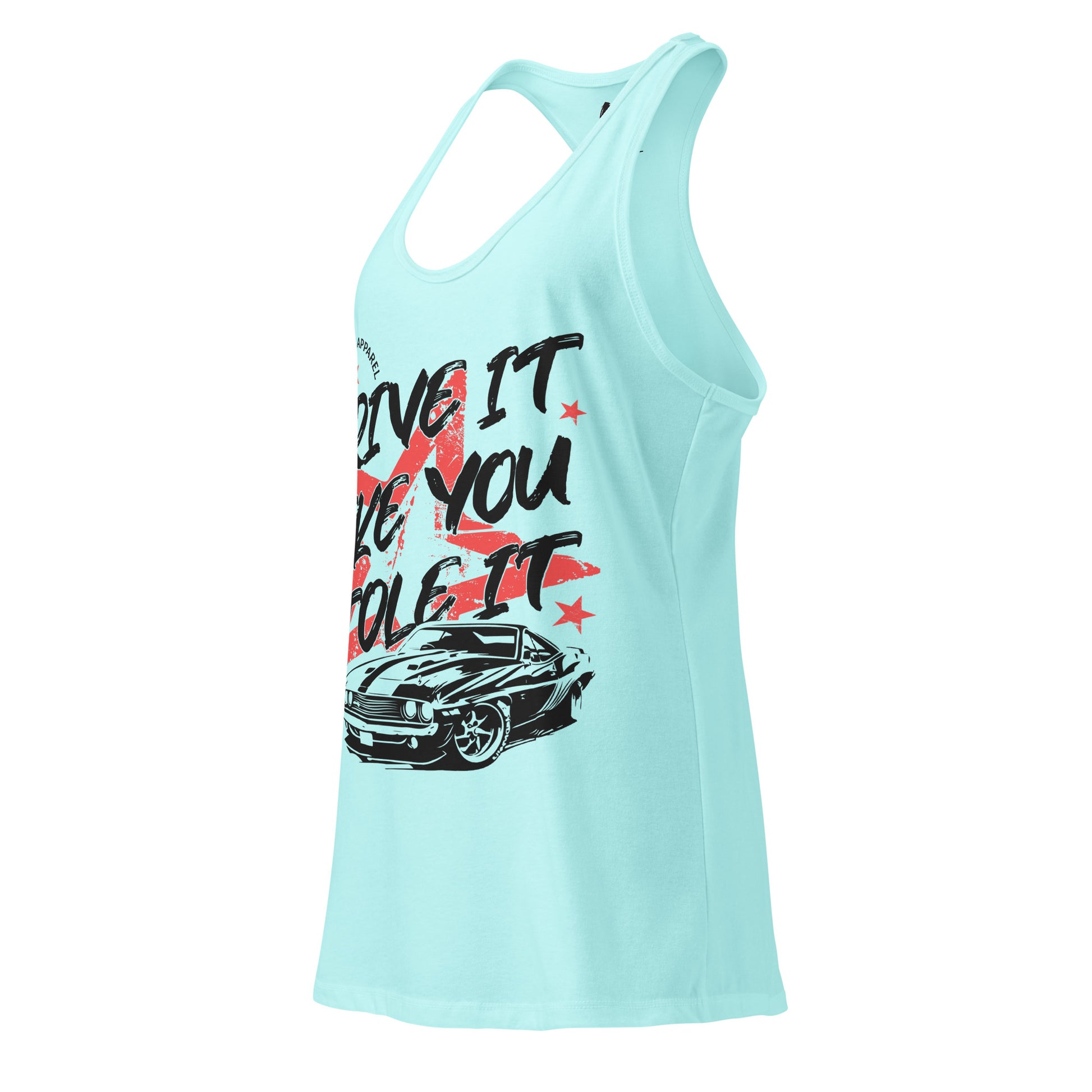 Light blue tank top with graphic design and text on a white background