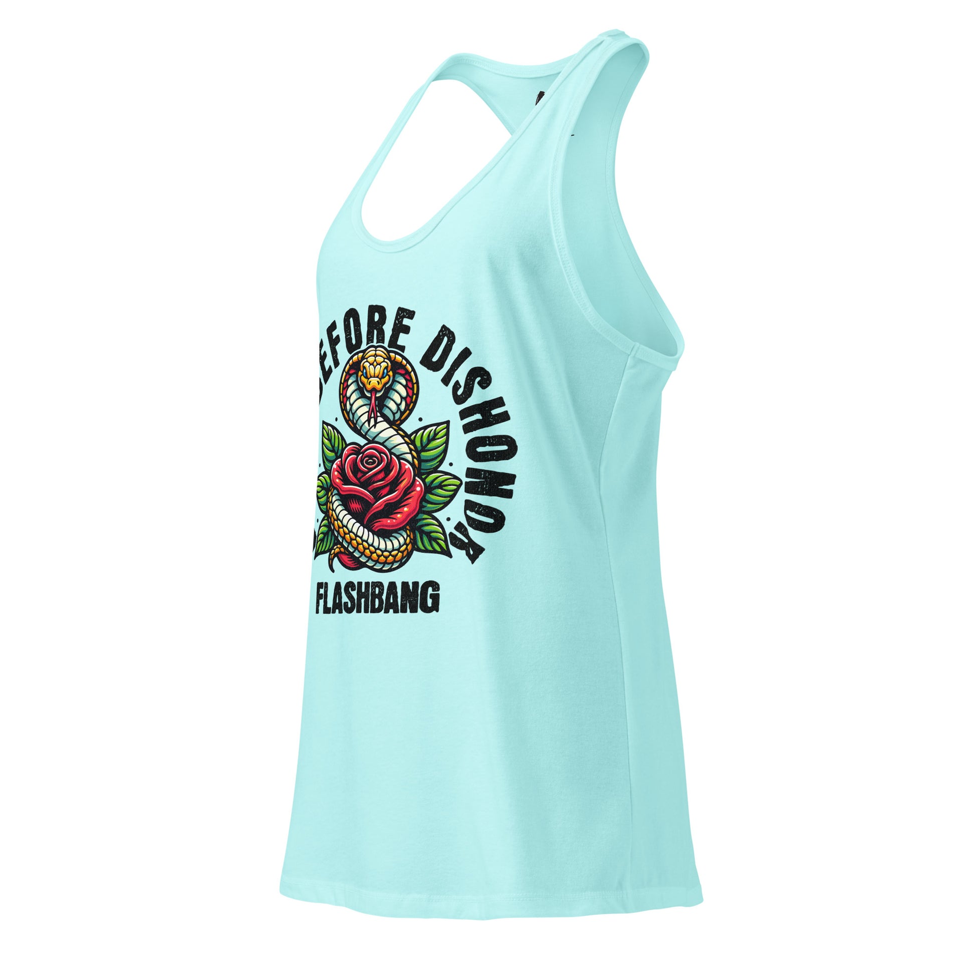 Light blue tank top with graphic design and text on a white background