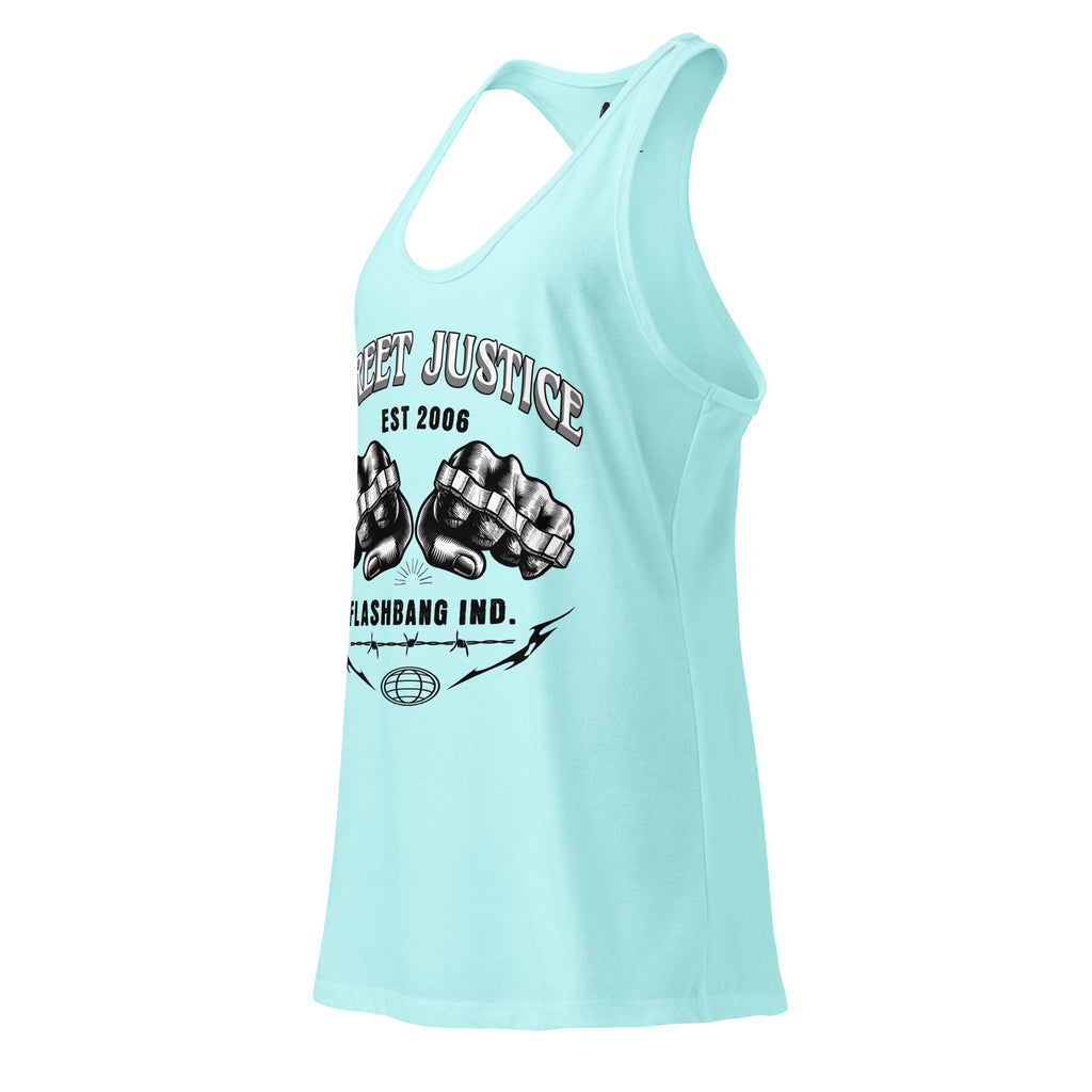 Light blue tank top with graphic design and text on a white background