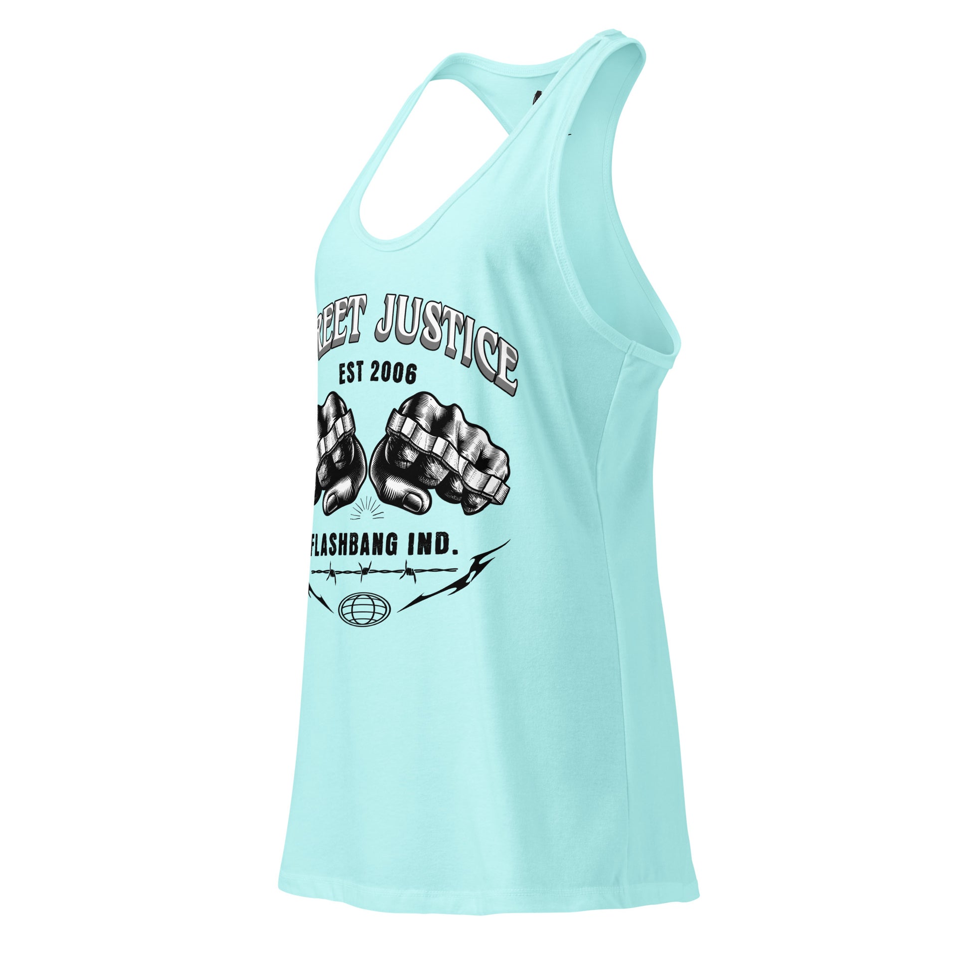 Light blue tank top with graphic design and text on a white background