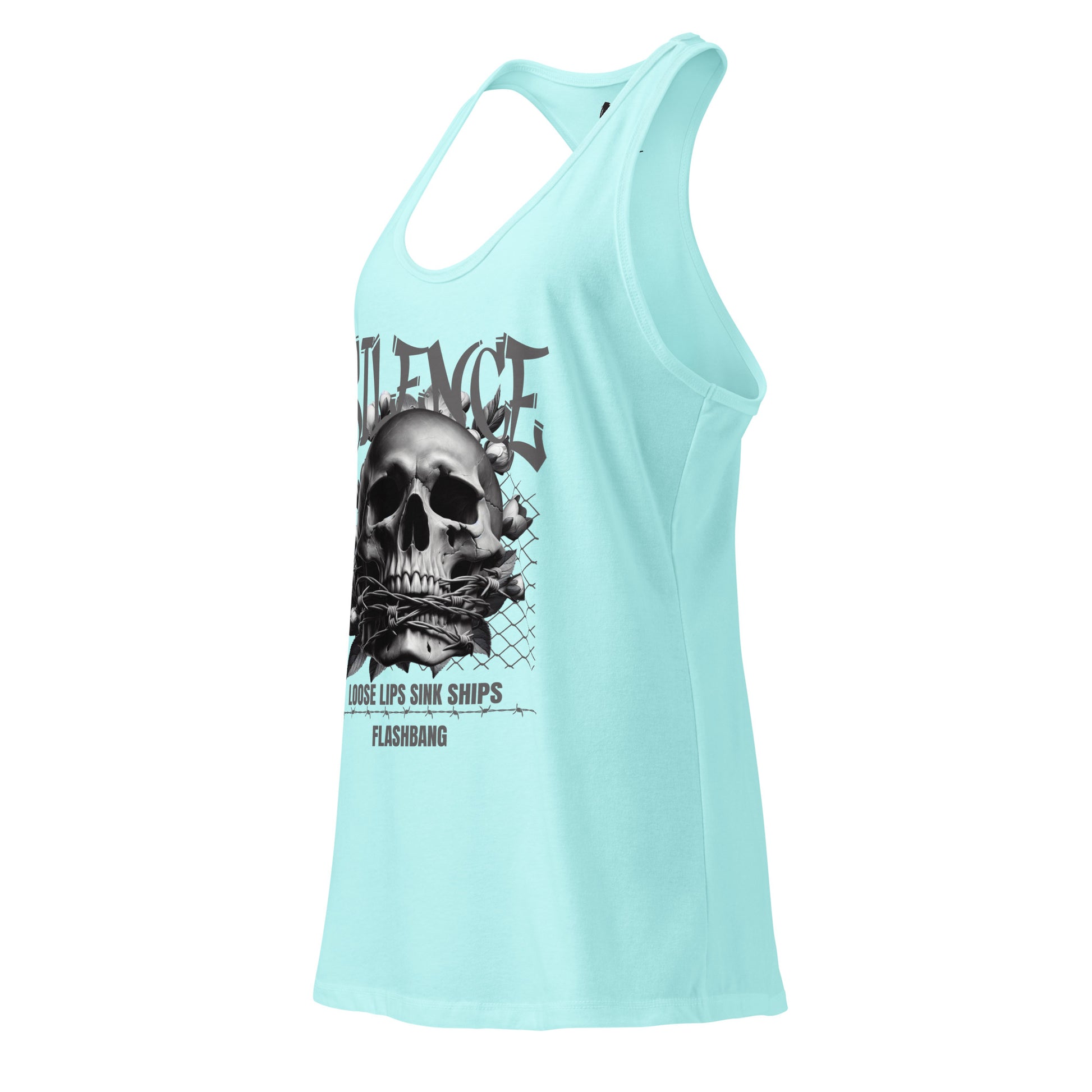 Light blue tank top with a graphic design of a skull and text on a white background