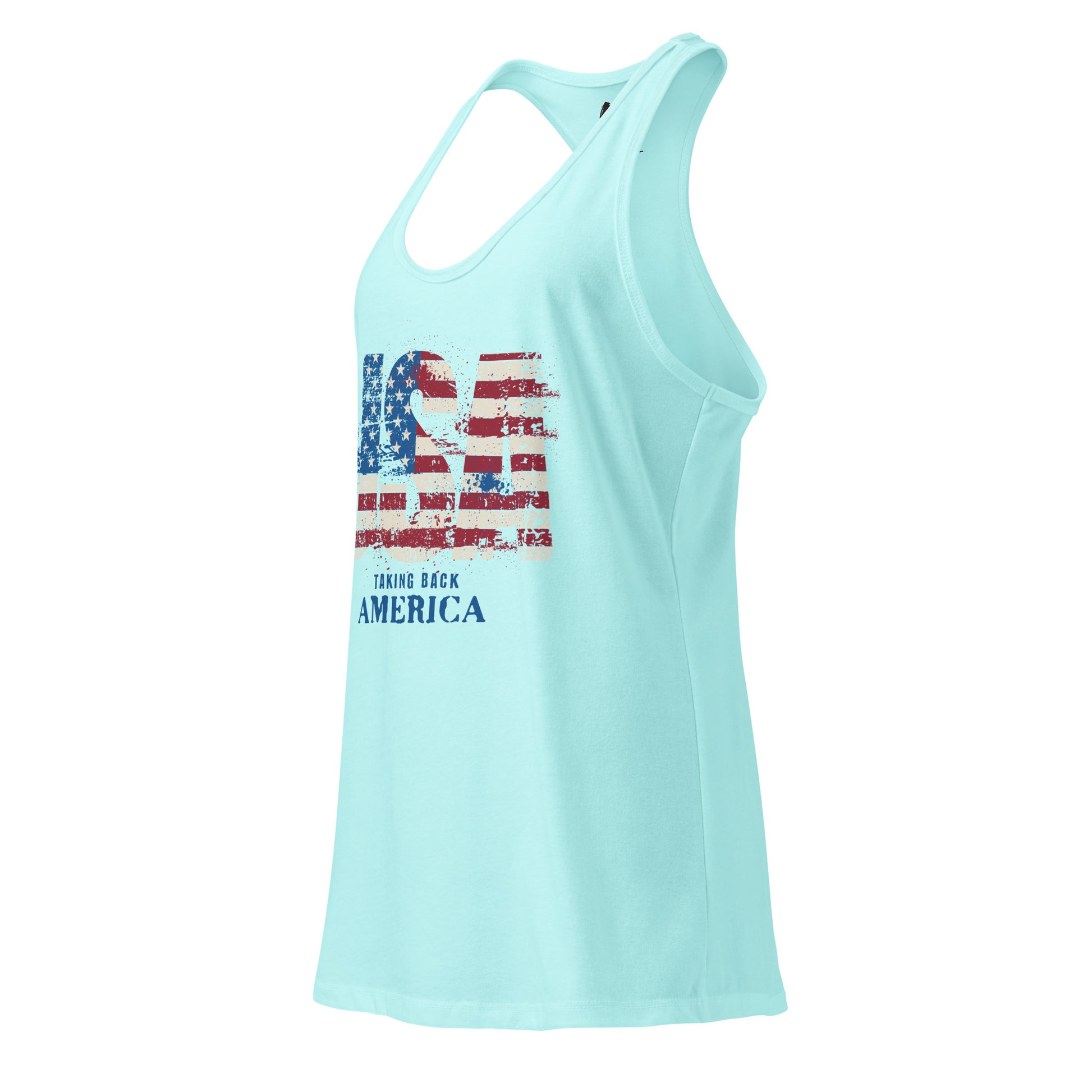 Light blue tank top with American flag design and text on a white background
