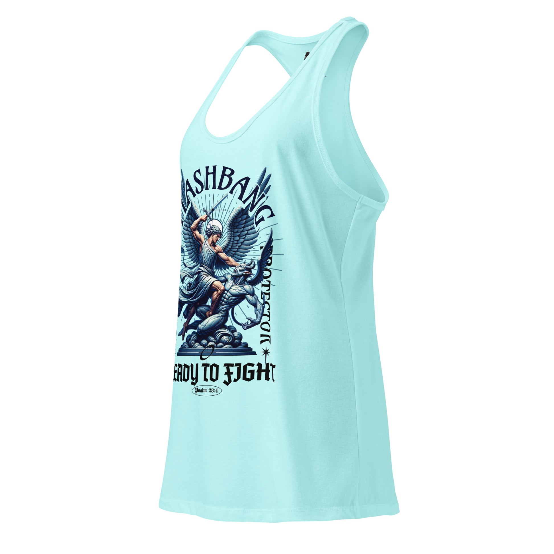 Light blue tank top with graphic design and text on a white background