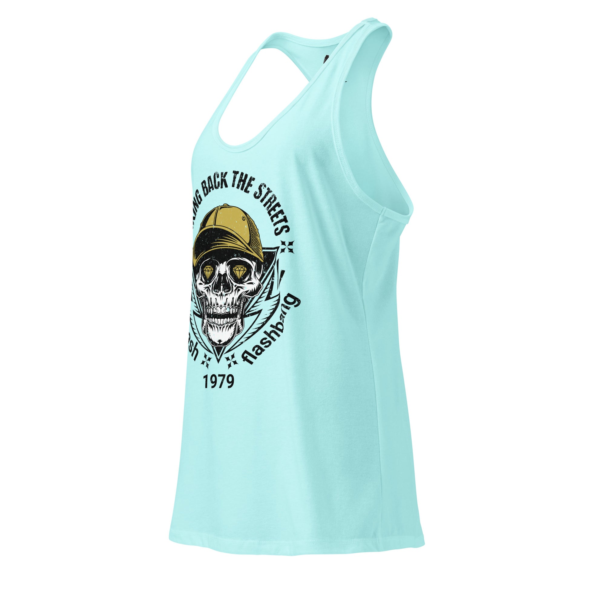 Light blue tank top with a skull and text design on a white background
