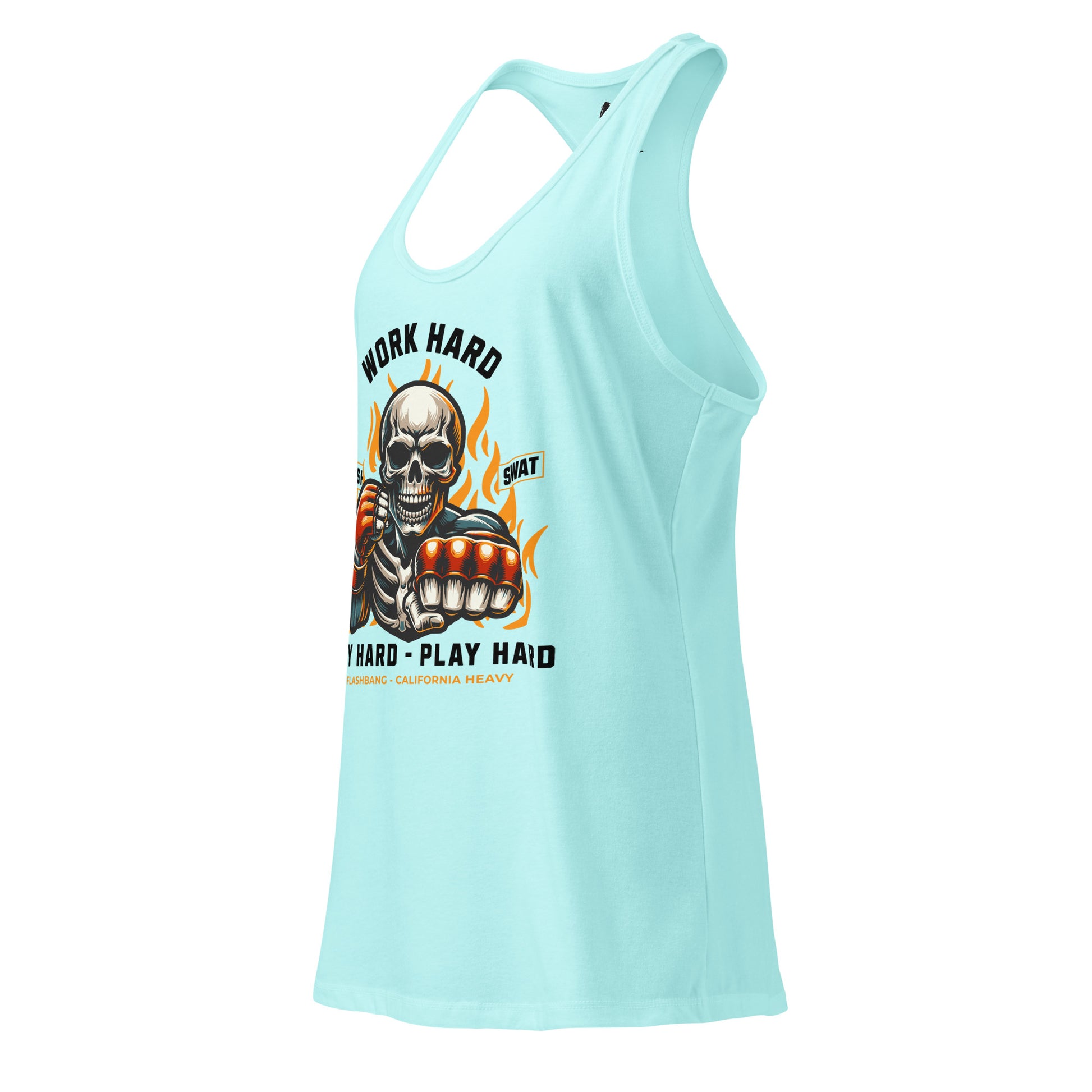 Light blue tank top with a graphic design featuring a skeleton and text on a white background