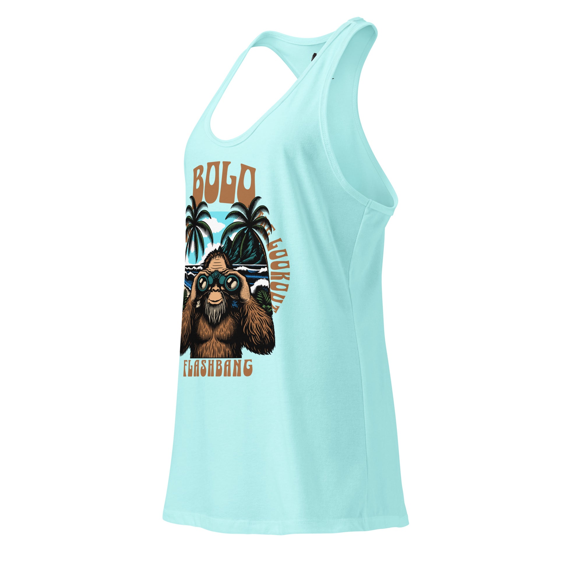 Light blue tank top with a graphic of a bear and text on a white background
