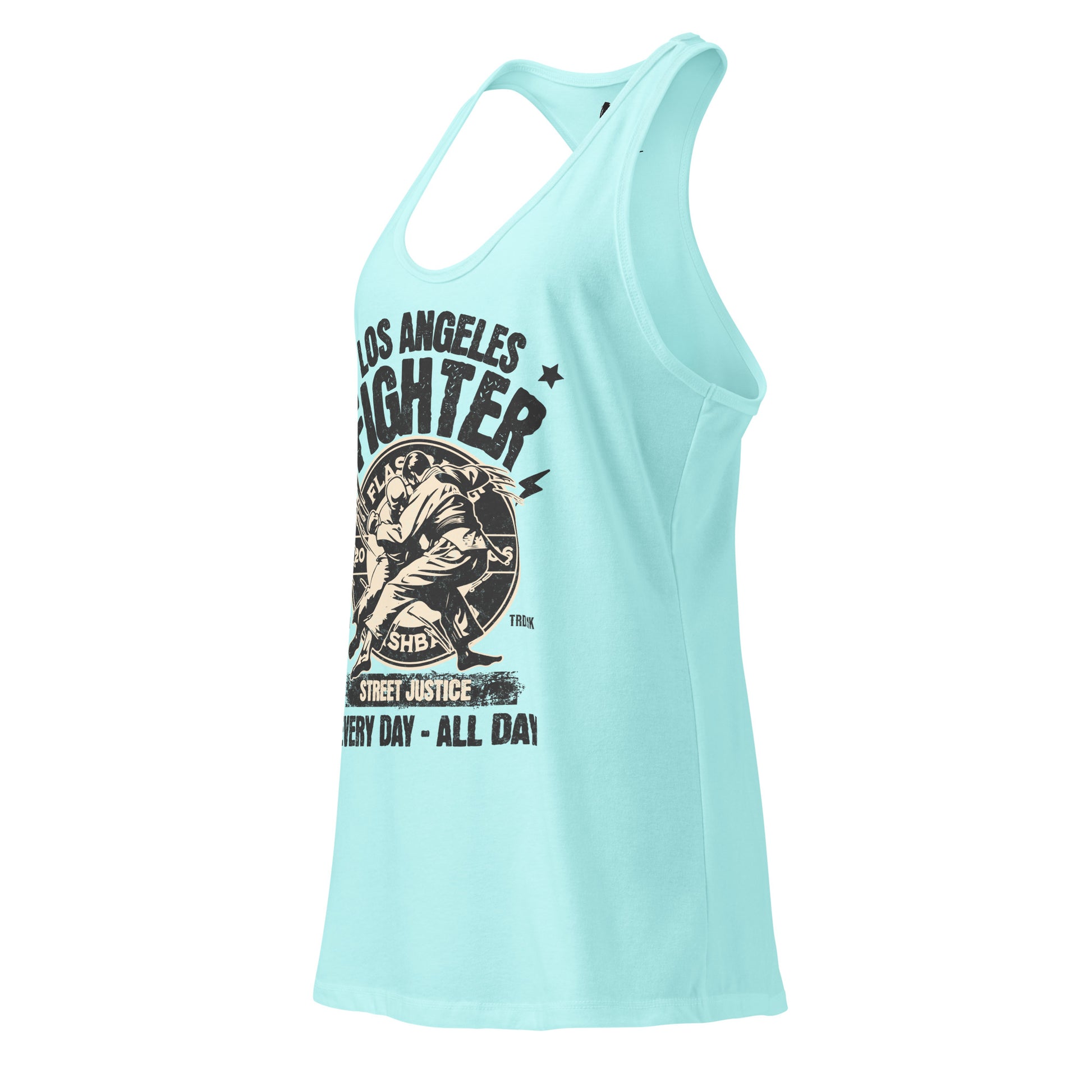Light blue tank top with graphic design on a white background