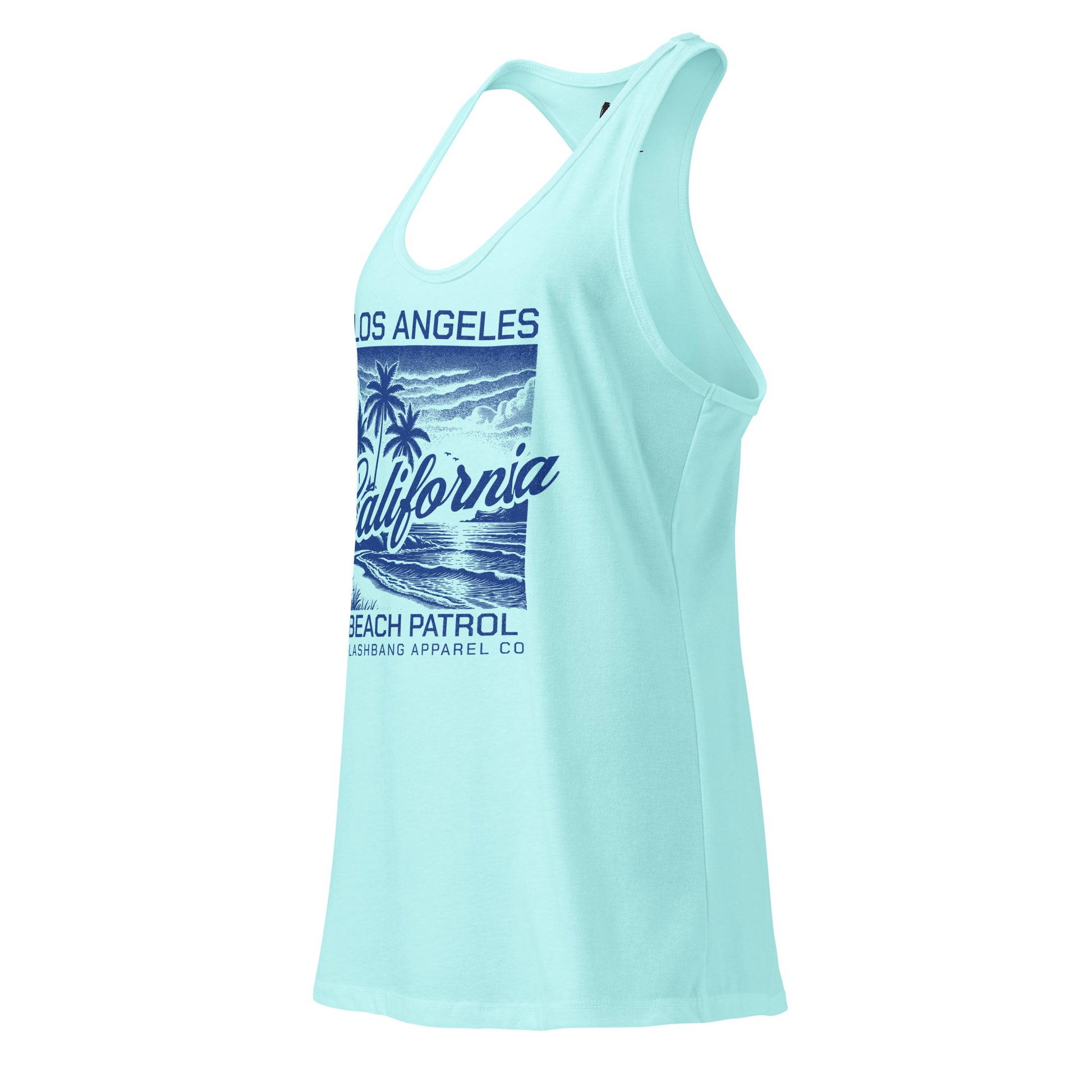 Light blue tank top with 'Los Angeles California Beach Patrol' graphic on a white background