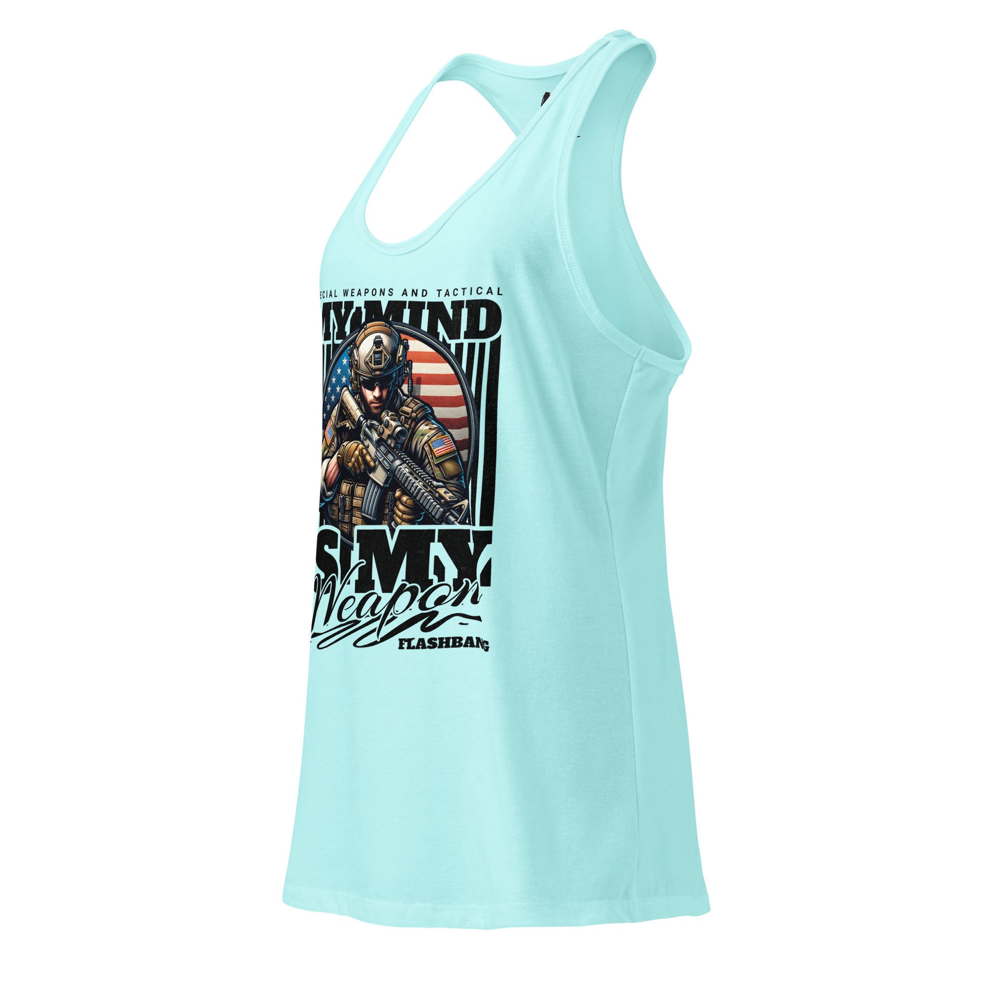 Light blue tank top with graphic design on a white background