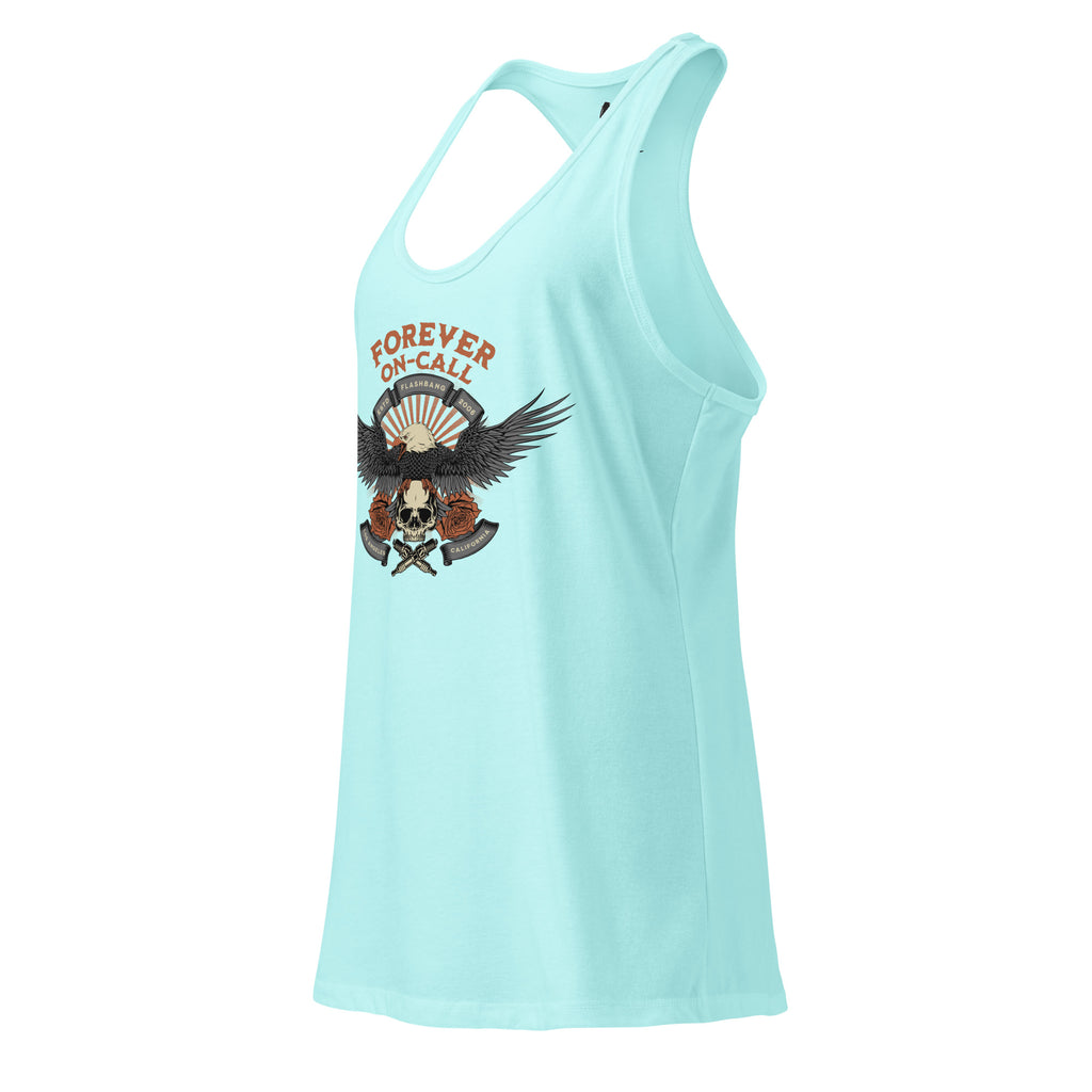 Light blue tank top with graphic design and text on a white background