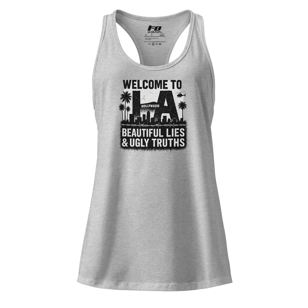 Gray tank top with black graphic and text on a white background