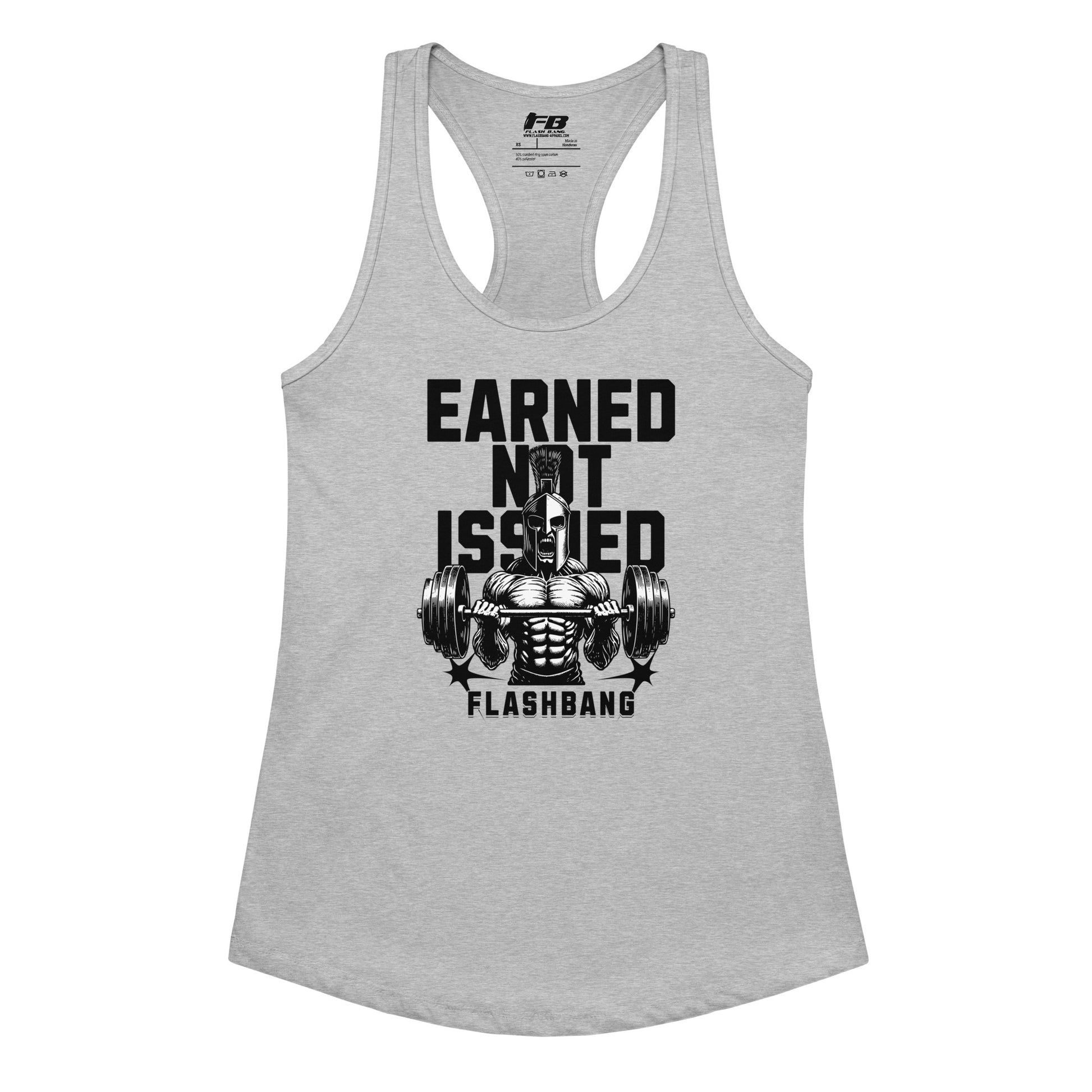 Gray tank top with 'Earned Not Issued' and 'Flashbang' graphic design on a white background