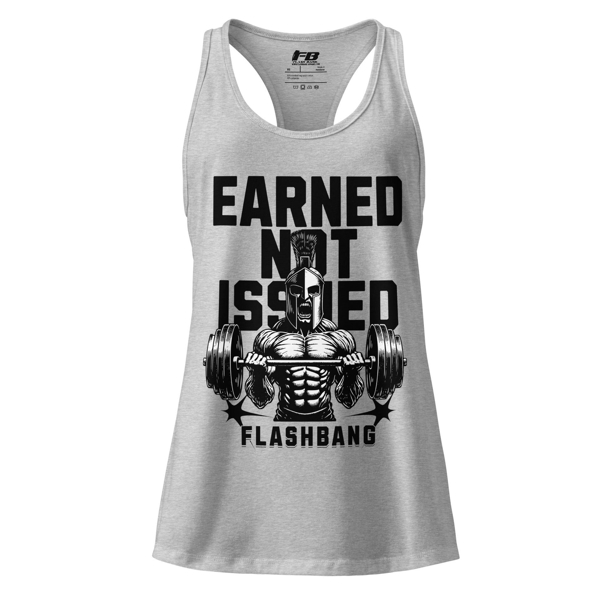 Gray tank top with graphic design and text on a white background