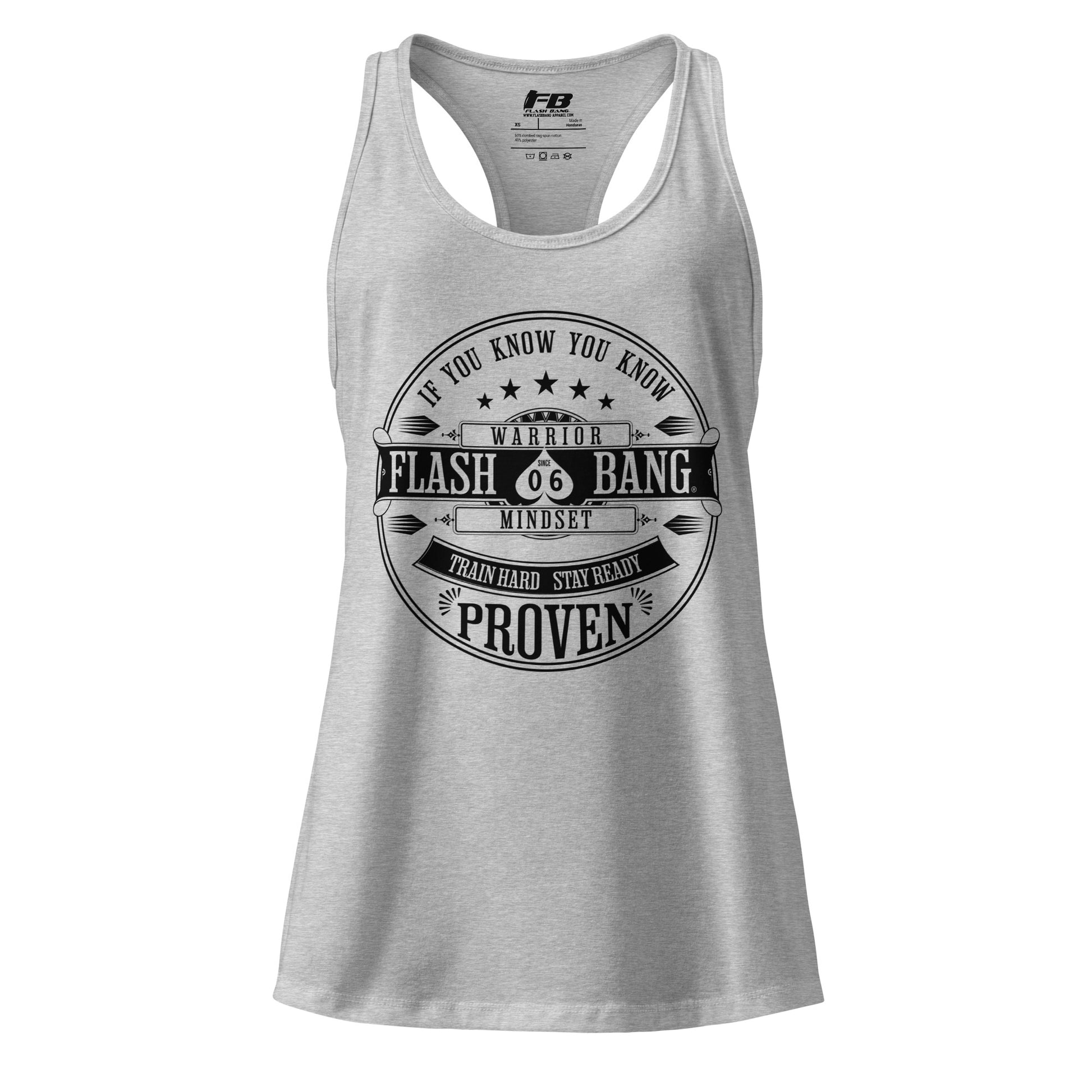 Gray tank top with black graphic design on a white background