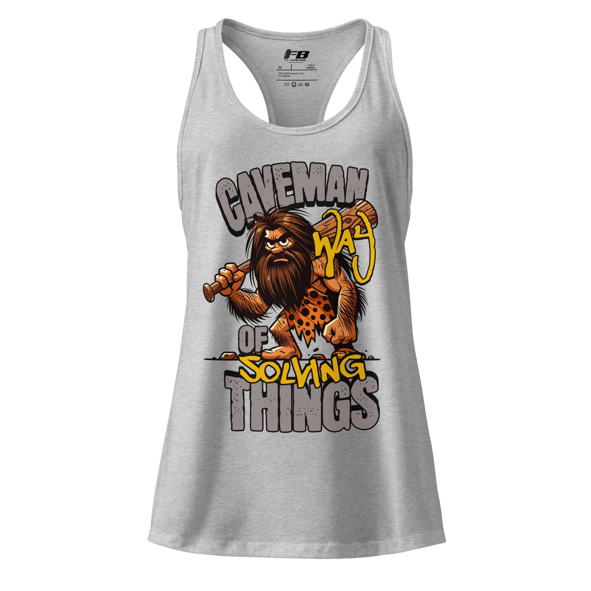 Gray tank top with a cartoon caveman design and text on a white background