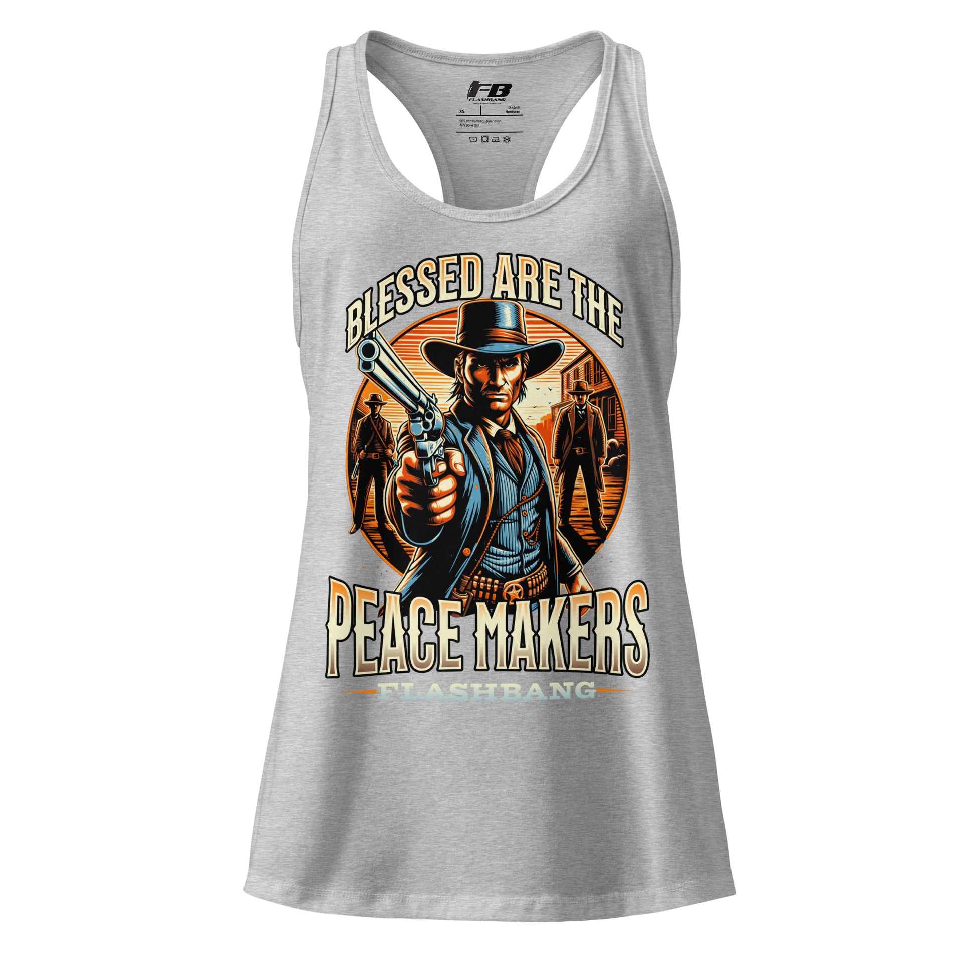 Gray tank top with a graphic design of a cowboy holding a gun and text 'Blessed are the Peacemakers' on a white background.
