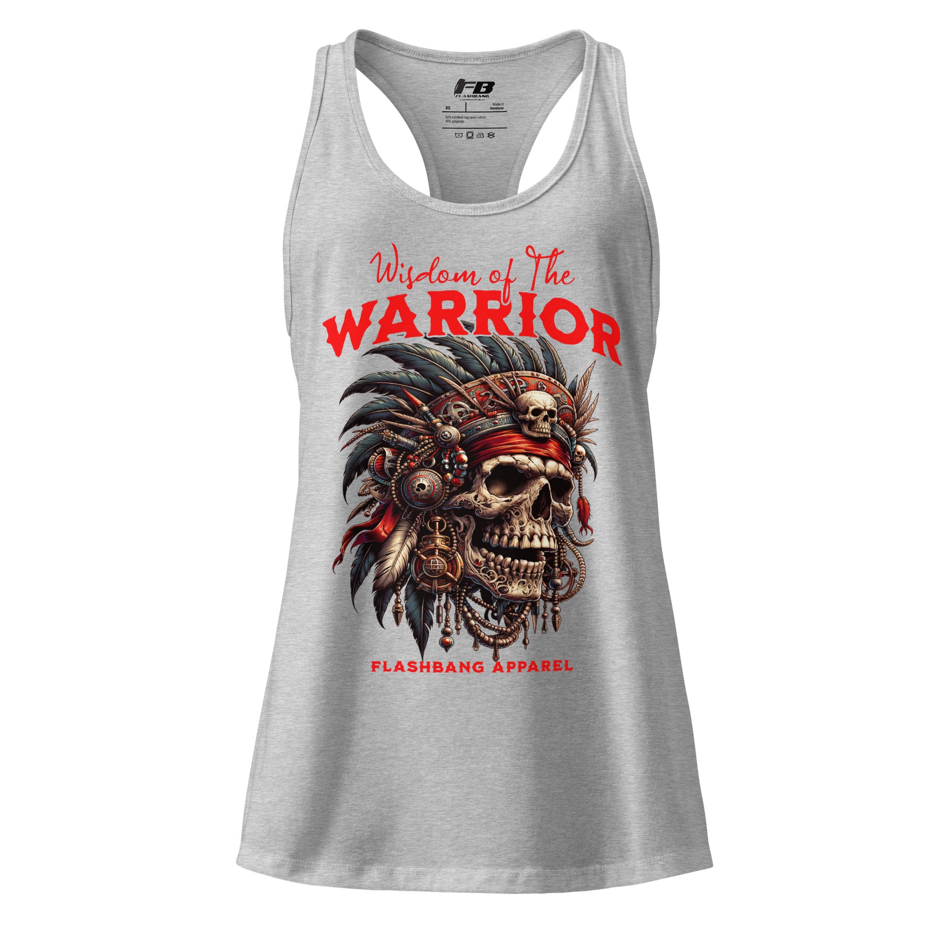 Gray tank top with a skull and feather design and 'Wisdom of the Warrior' text on a white background.