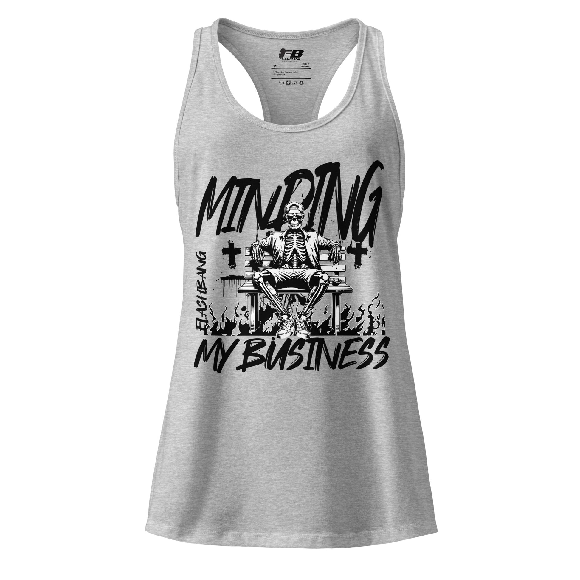 Gray tank top with skeleton graphic and text on a white background