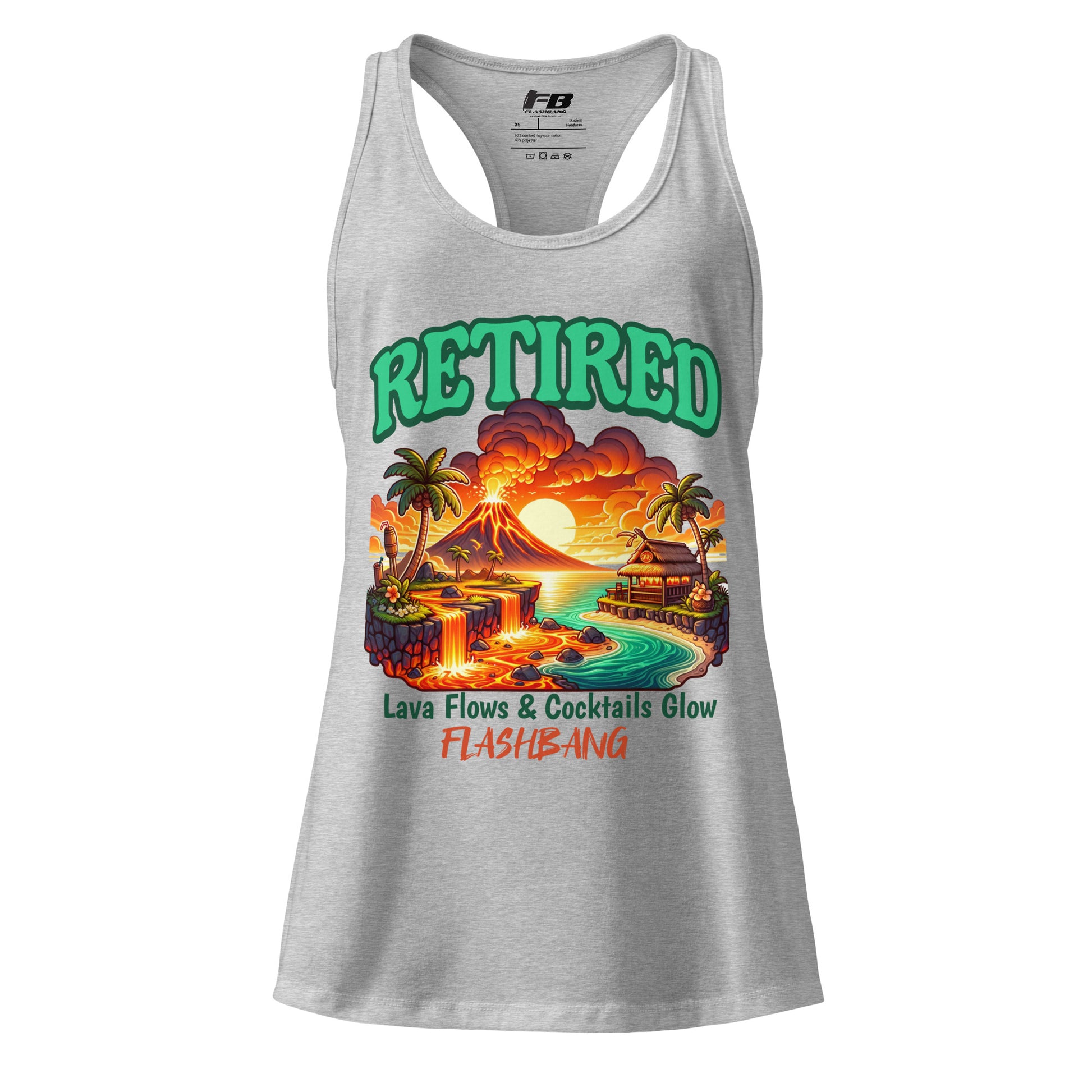 Gray tank top with a tropical design and text on a white background