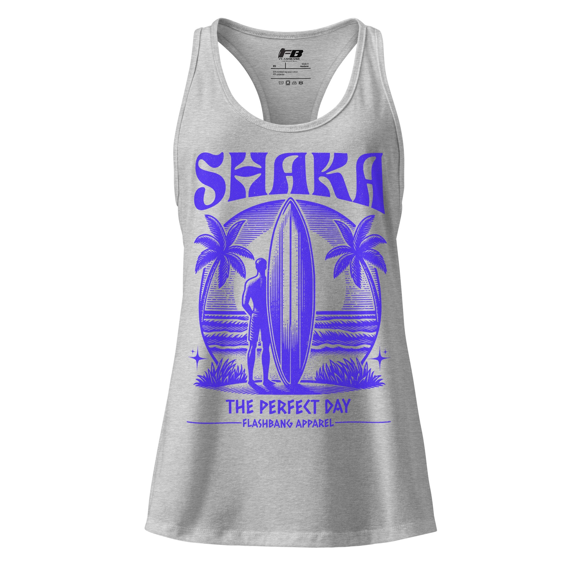 Gray tank top with purple 'Shaka' graphic design on a white background