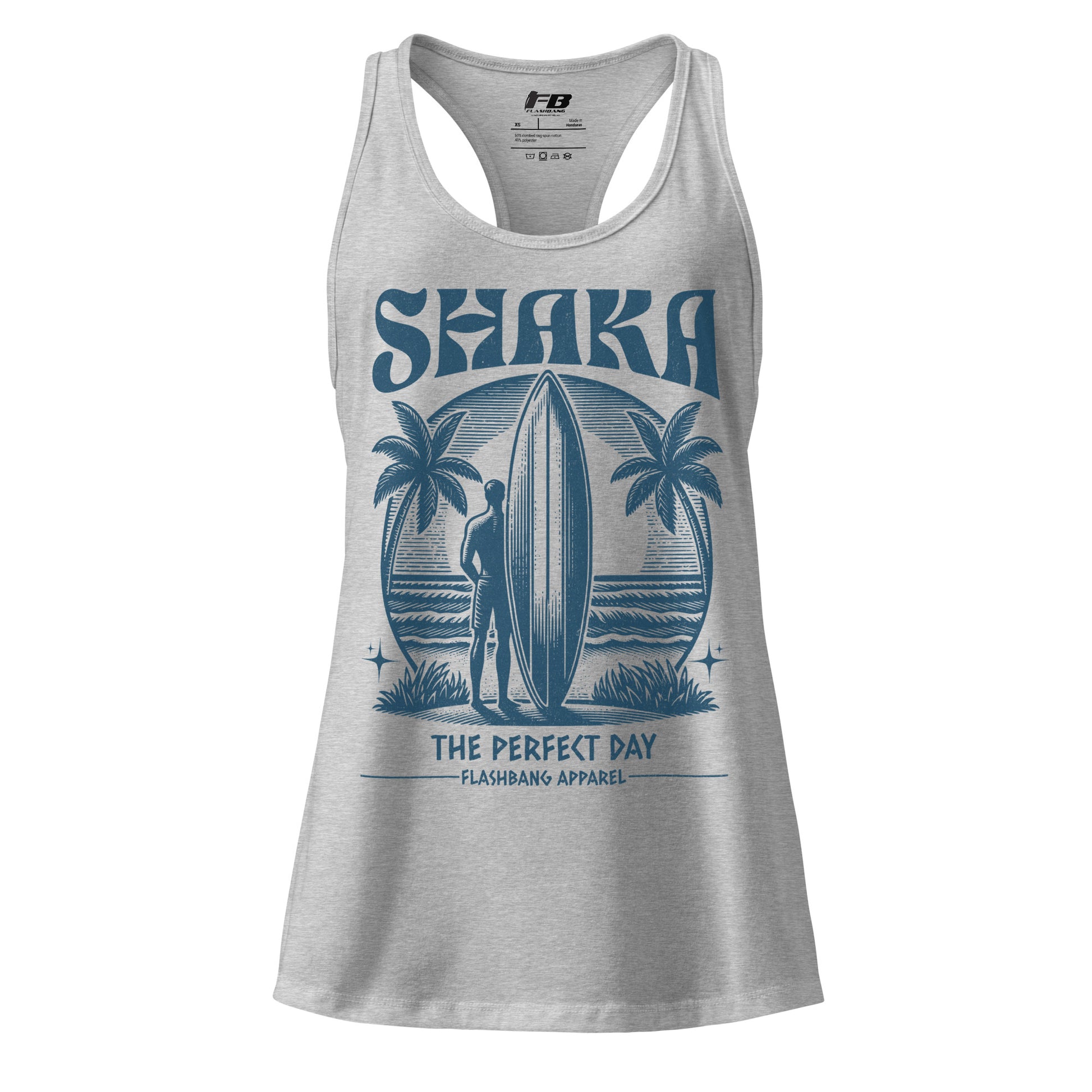 Gray tank top with blue graphic design featuring a surfer and palm trees on a white background.