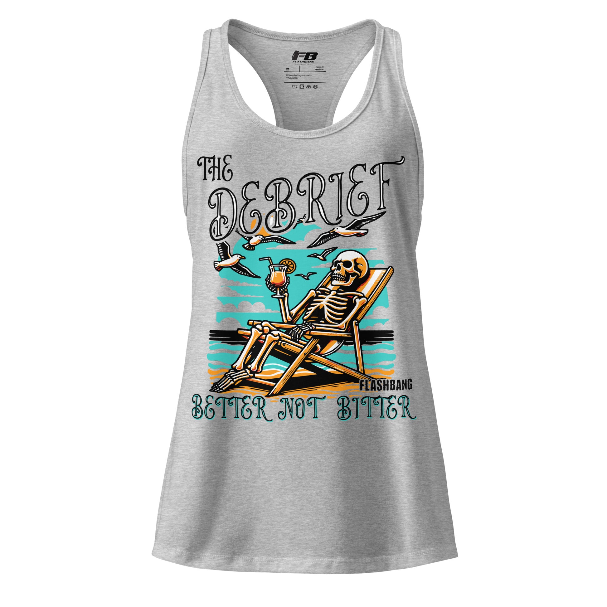 Gray tank top with skeleton design and text on a white background