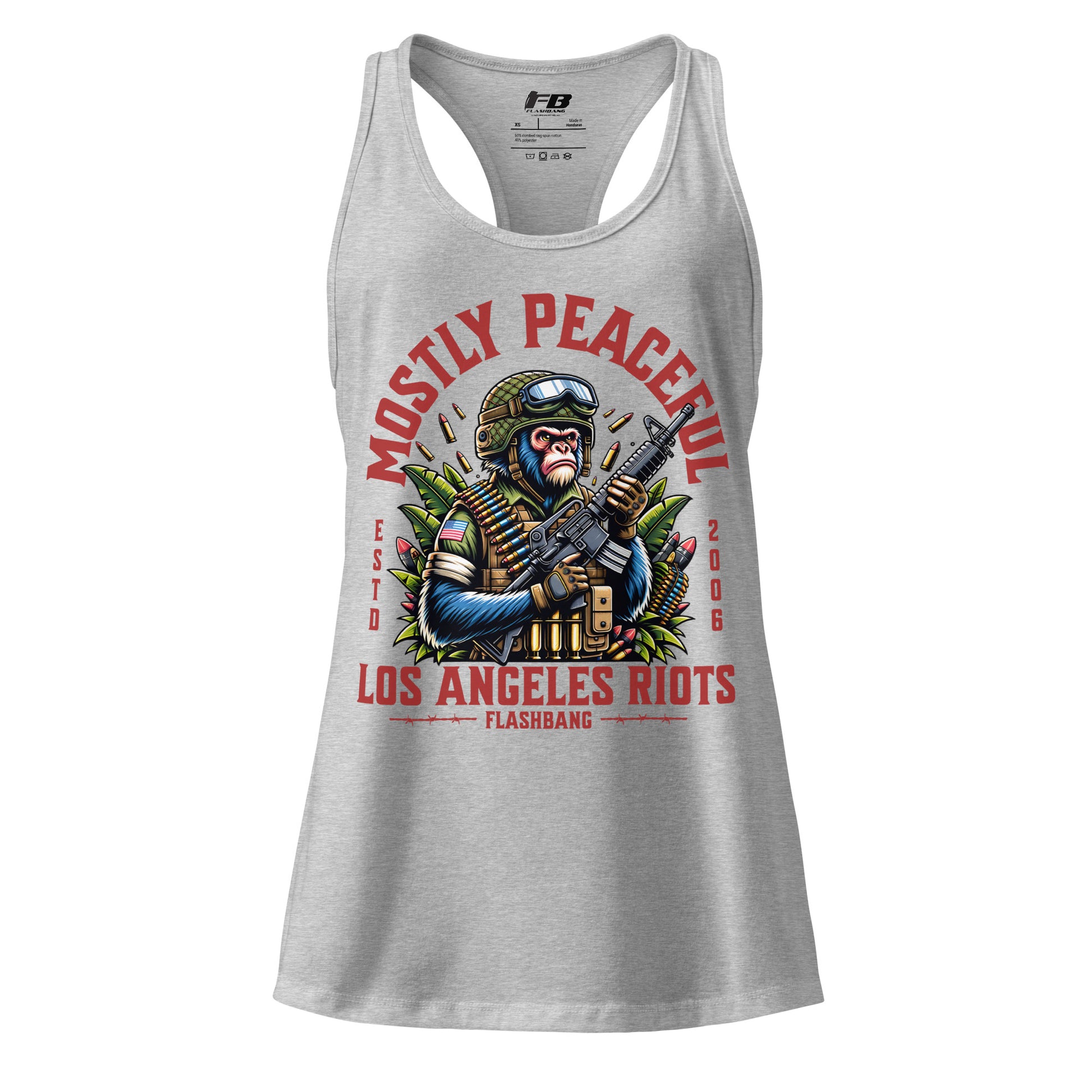 Gray tank top with graphic design and text on a white background
