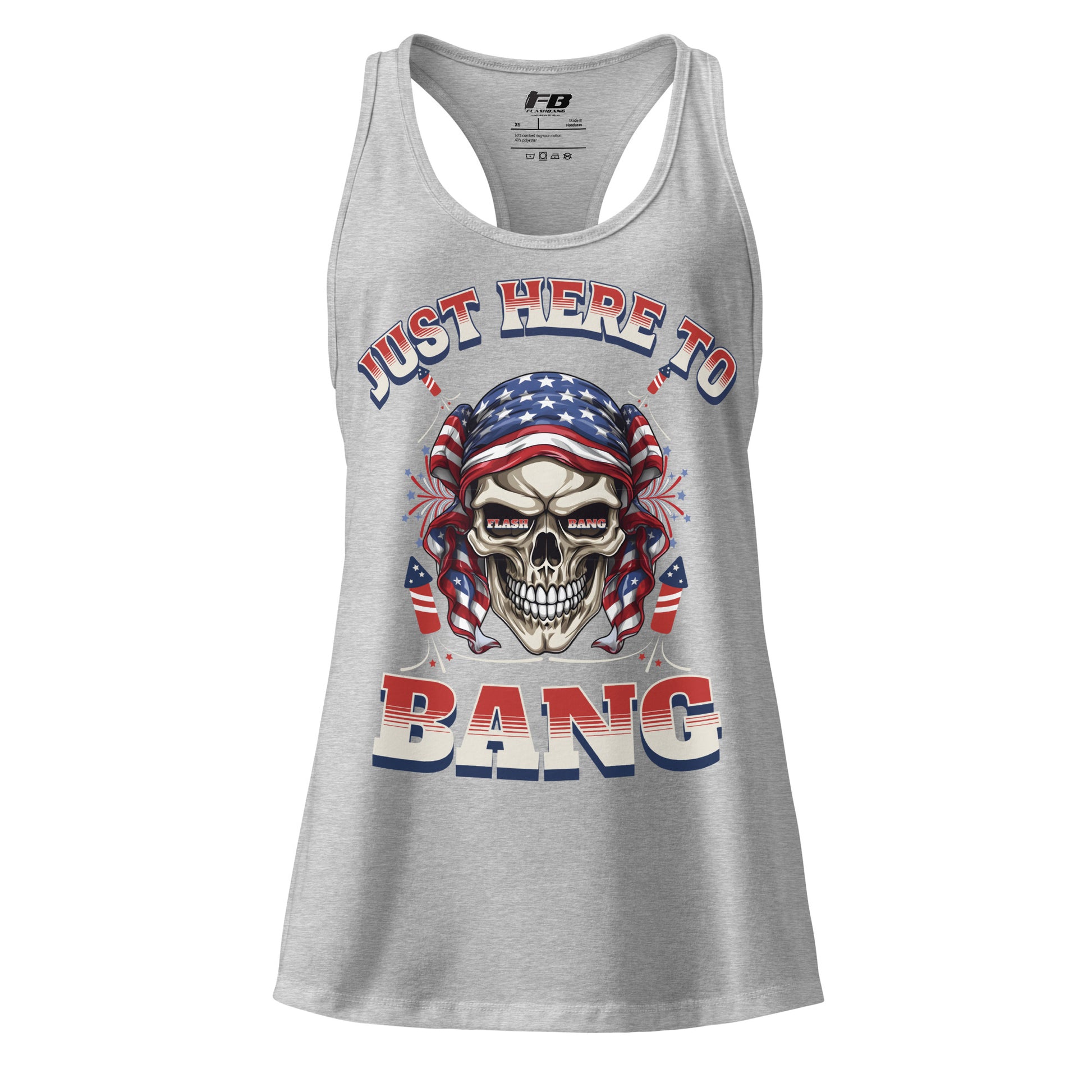 Gray tank top with skull and American flag design on a white background